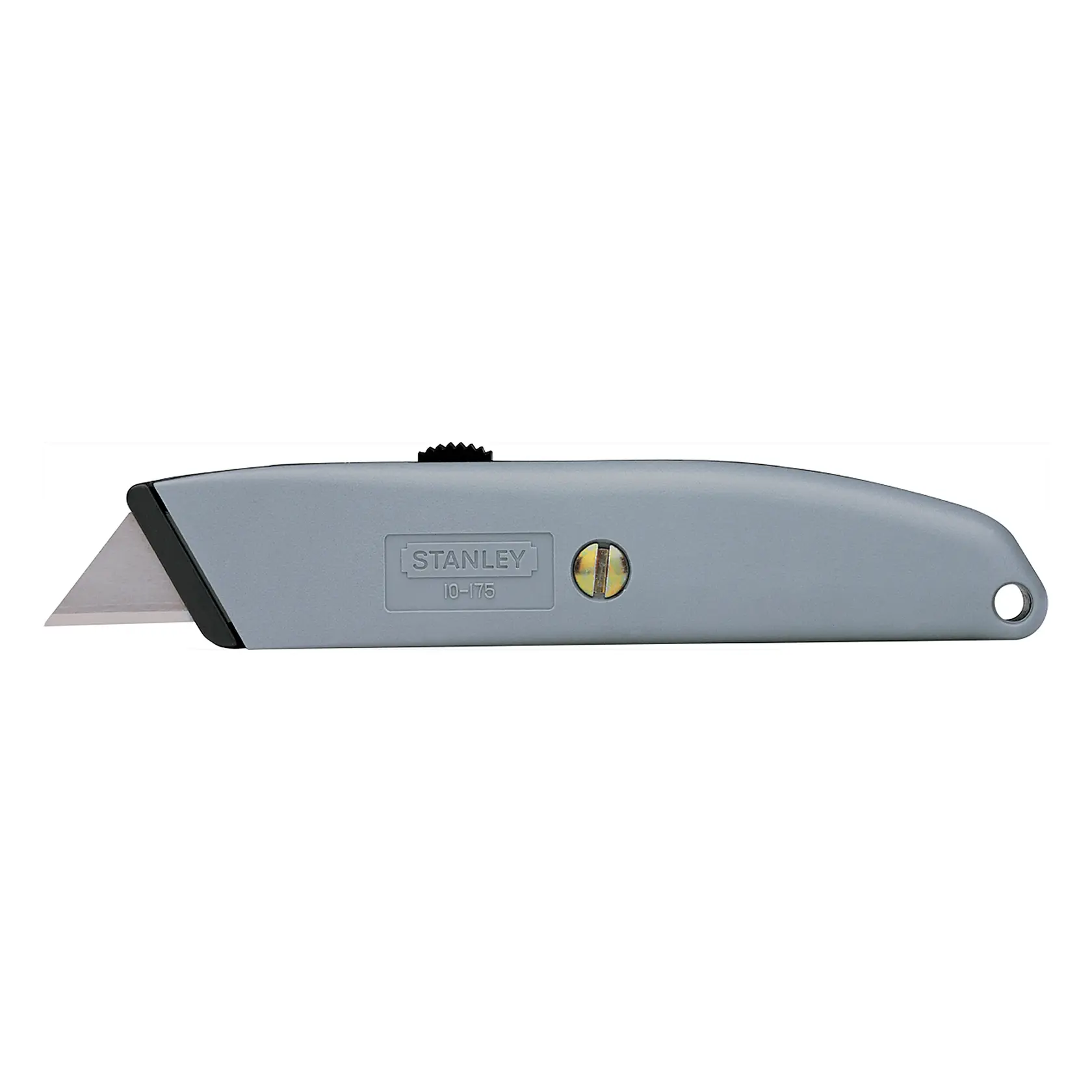 STANLEY 10-175 cuchillo utilitario, cuerpo metálico plateado, vista lateral, hoja expuesta, fondo blanco.