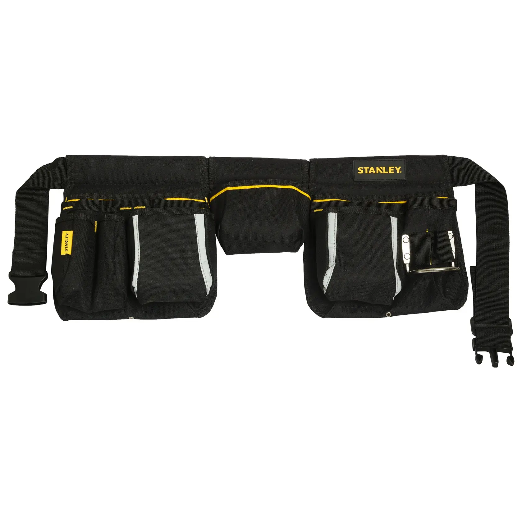 STANLEY STST511304 cinturón de herramientas negro con varios bolsillos, detalles amarillos, ángulo frontal fondo blanco.