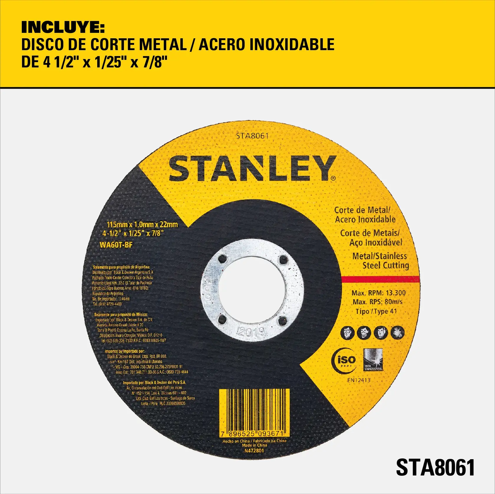 Disco de corte STANLEY para metal y acero inoxidable, modelo STA8061. El disco está marcado como 4 1/2 pulgadas x 1/25 pulgadas x 7/8 pulgadas (115 mm x 1,0 mm x 22,2 mm), adecuado para cortes de metal y acero inoxidable. La imagen muestra el disco negro y amarillo con especificaciones, código de barras y marcas de certificación.
