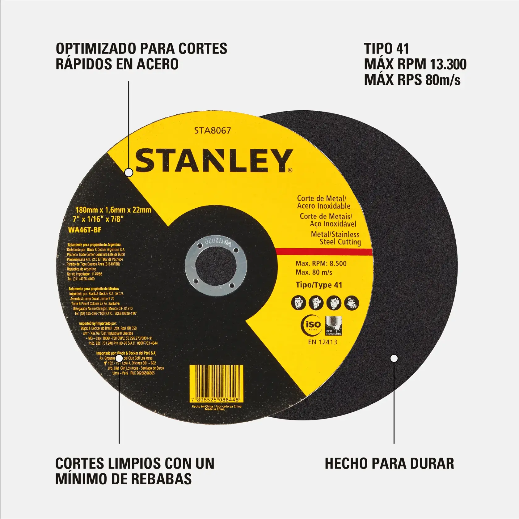 Disco de corte de metal Stanley STA8067 para acero y acero inoxidable, 180mm x 1.6mm x 22mm, optimizado para cortes rápidos y limpios con mínimas rebabas, construcción duradera, Tipo 41, RPM máxima 13,300, velocidad máxima 80m/s.