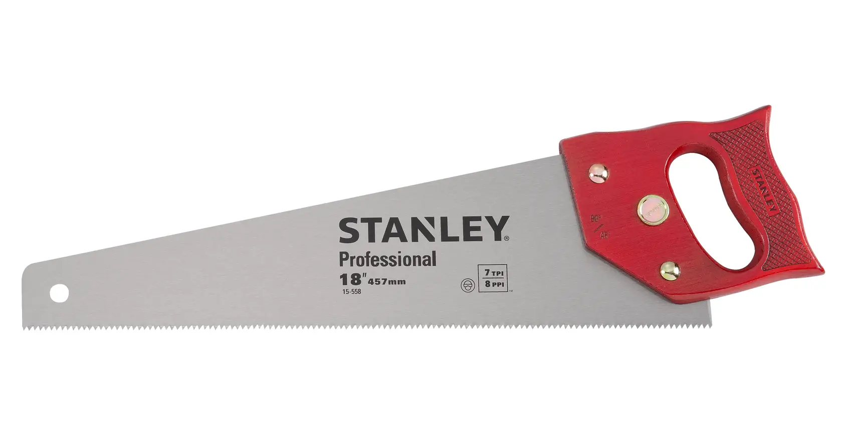Fotografía de sierra manual STANLEY 15-558 con mango rojo y hoja plateada, producto plano sobre fondo blanco.