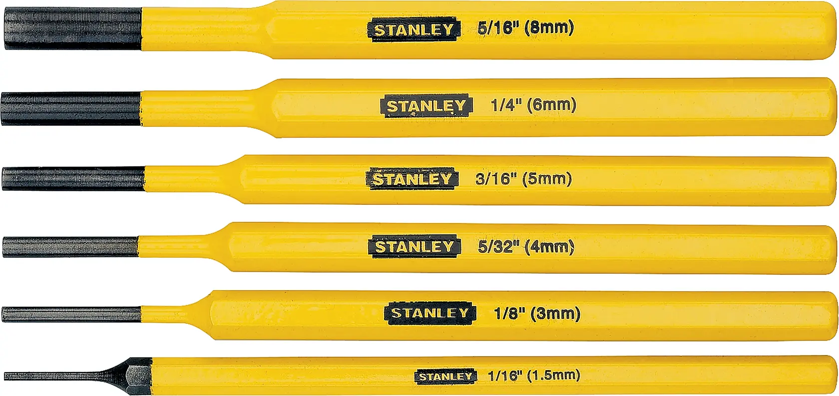 STANLEY 16-226 juego de punzones, mangos amarillos con marcas de medida, seis piezas alineadas, ángulo frontal.