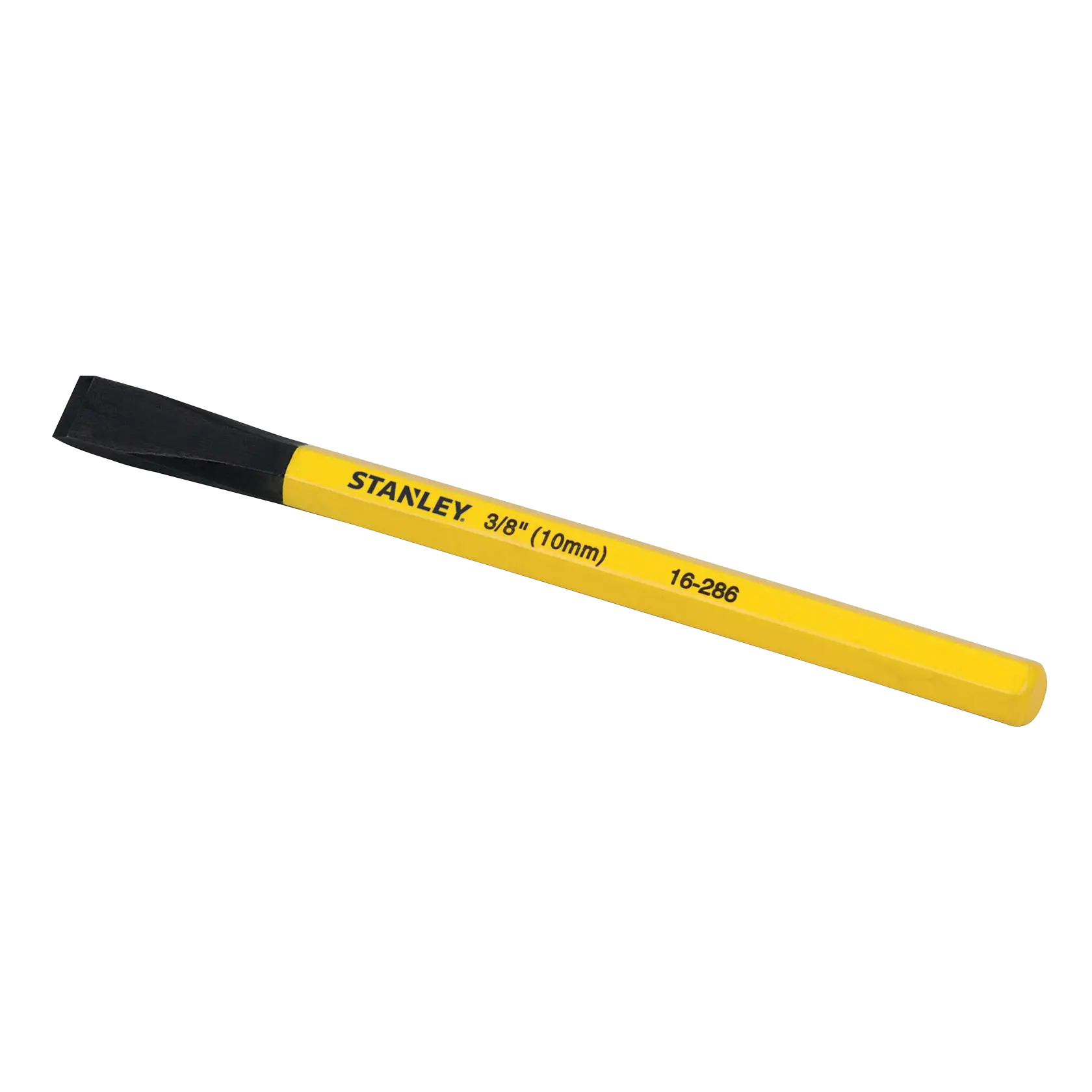 Cincel frío STANLEY 16-286 amarillo y negro de 3/8 pulgadas, vista lateral sobre fondo blanco.