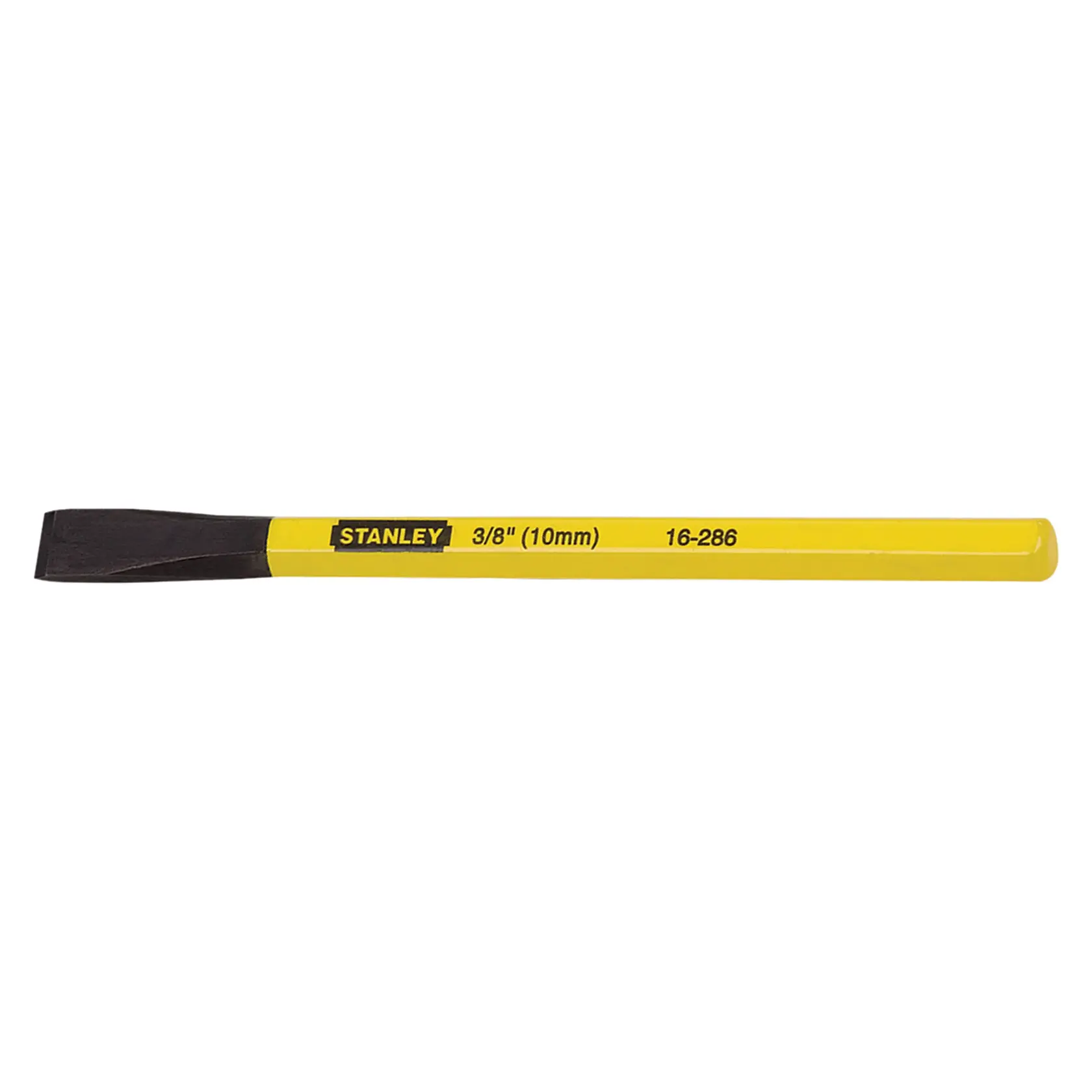 Foto de cincel frío amarillo STANLEY 16-286 con filo de corte de 3/8 pulgada (10 mm), vista lateral sobre fondo blanco.