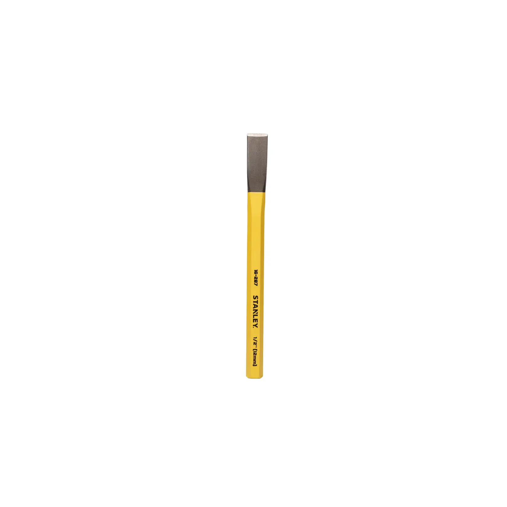 Un cincel frío de la marca Stanley con mango amarillo y filo de corte plano de metal, SKU 16-287, mostrado sobre fondo blanco.