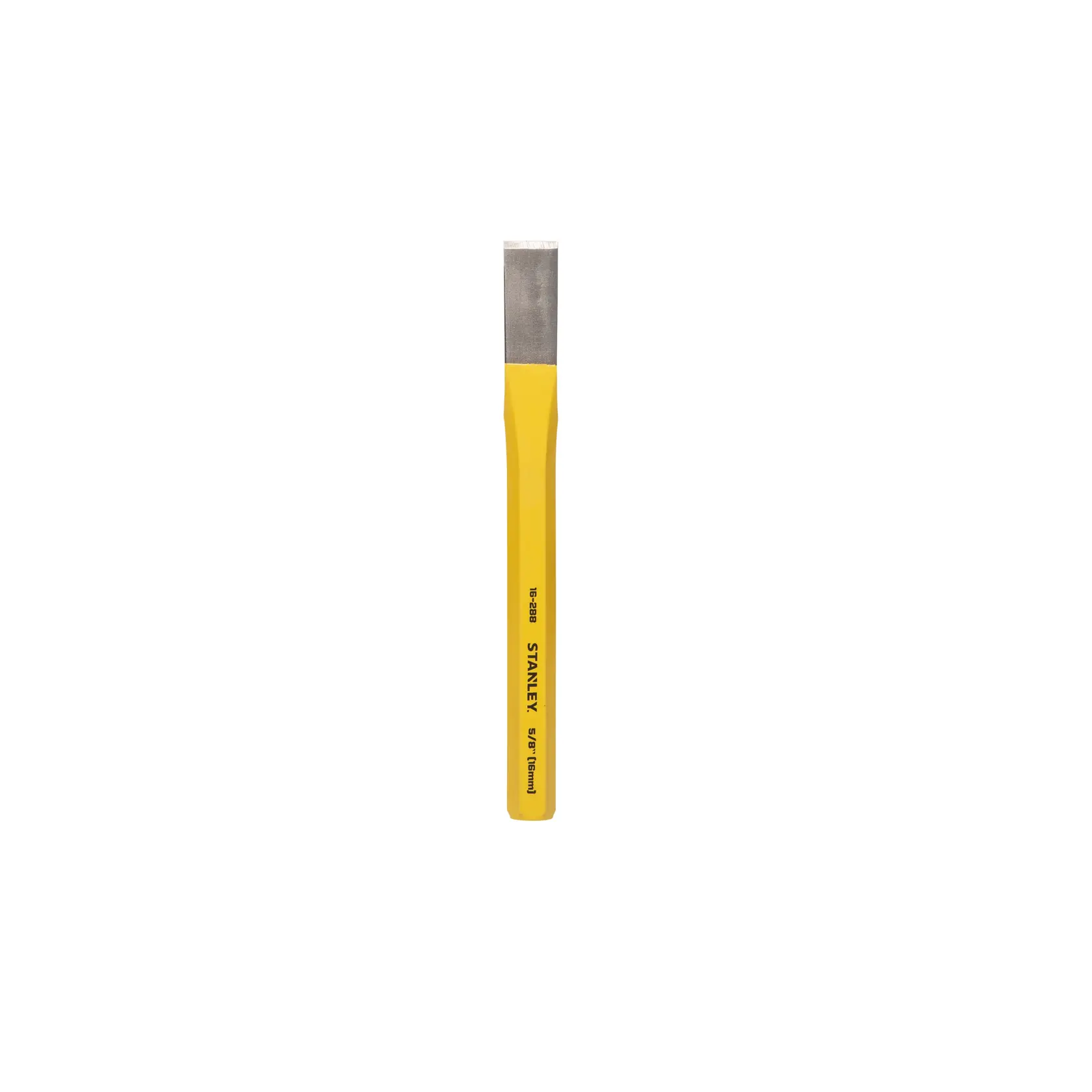 Un cincel plano amarillo con punta de metal, de la marca Stanley, diseñado para carpintería o construcción.