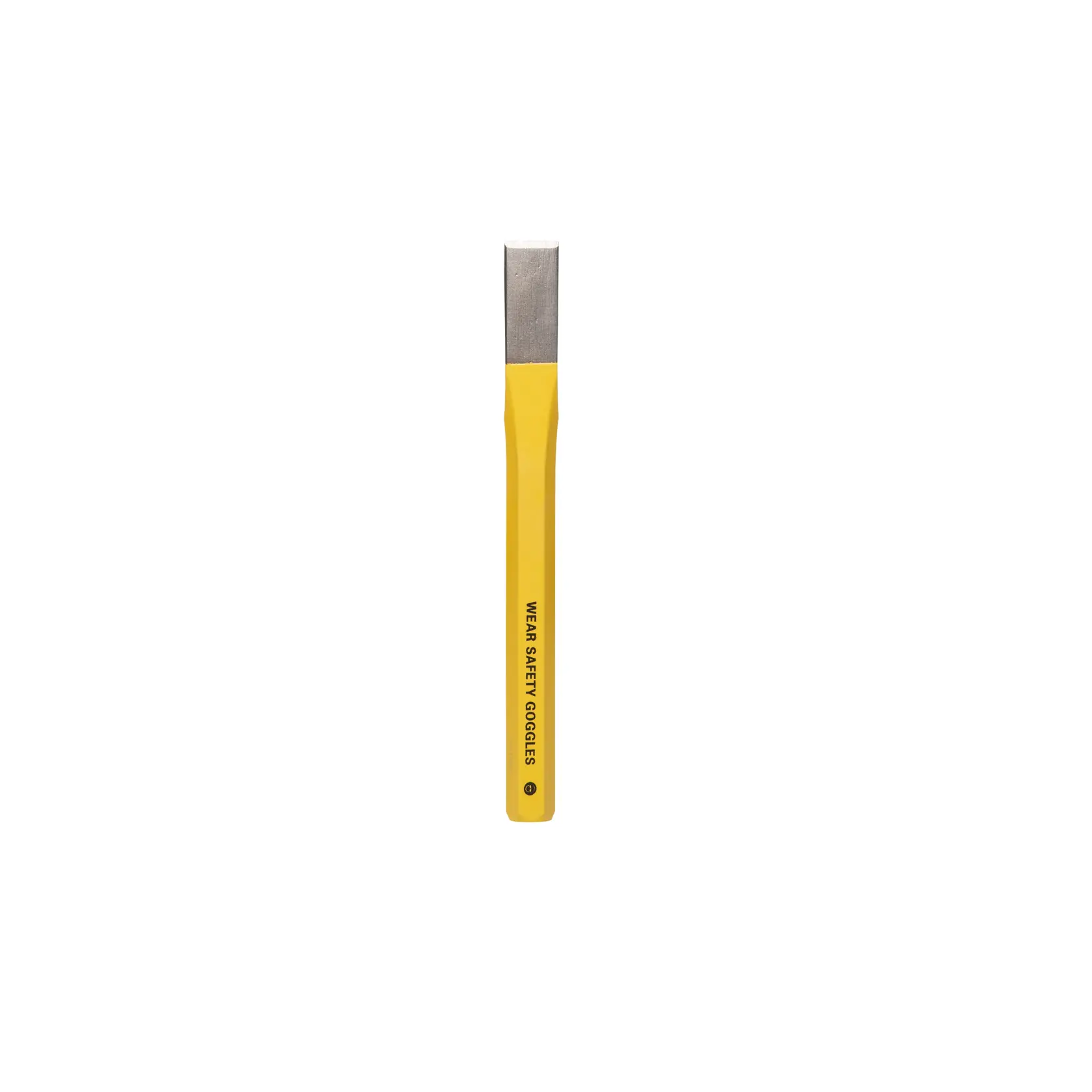 Un cincel plano Stanley con mango amarillo y hoja de metal, colocado verticalmente sobre un fondo blanco. El mango tiene impresas instrucciones de seguridad.