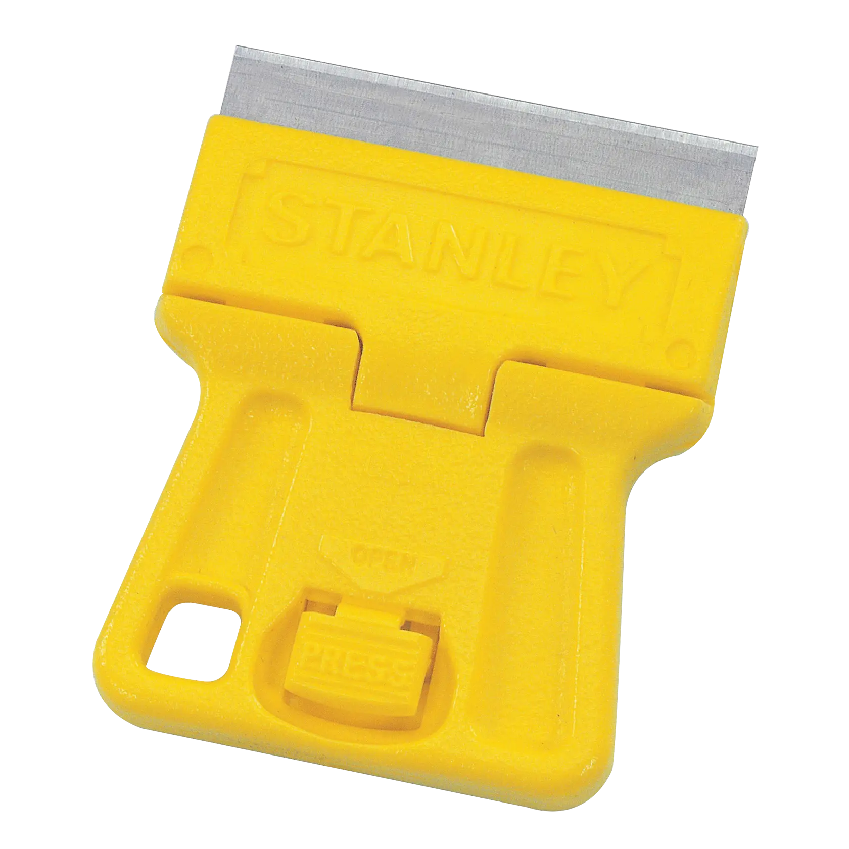 Stanley 28-100 raspador de plástico amarillo, vista frontal, hoja metálica y deslizador.