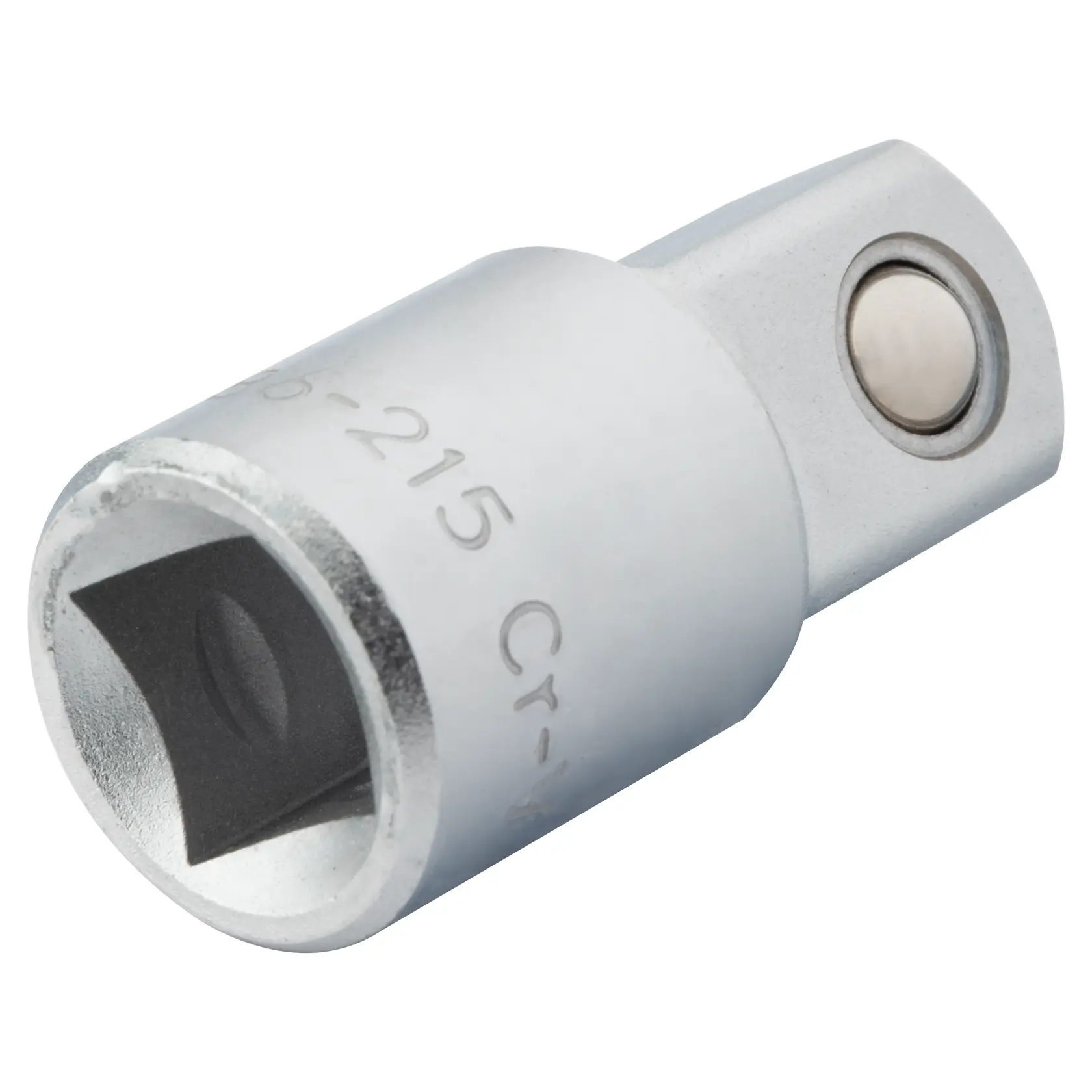 Adaptador de vaso cromado STANLEY 4-86-215, toma en primer plano, muestra apertura cuadrada y bola de liberación.