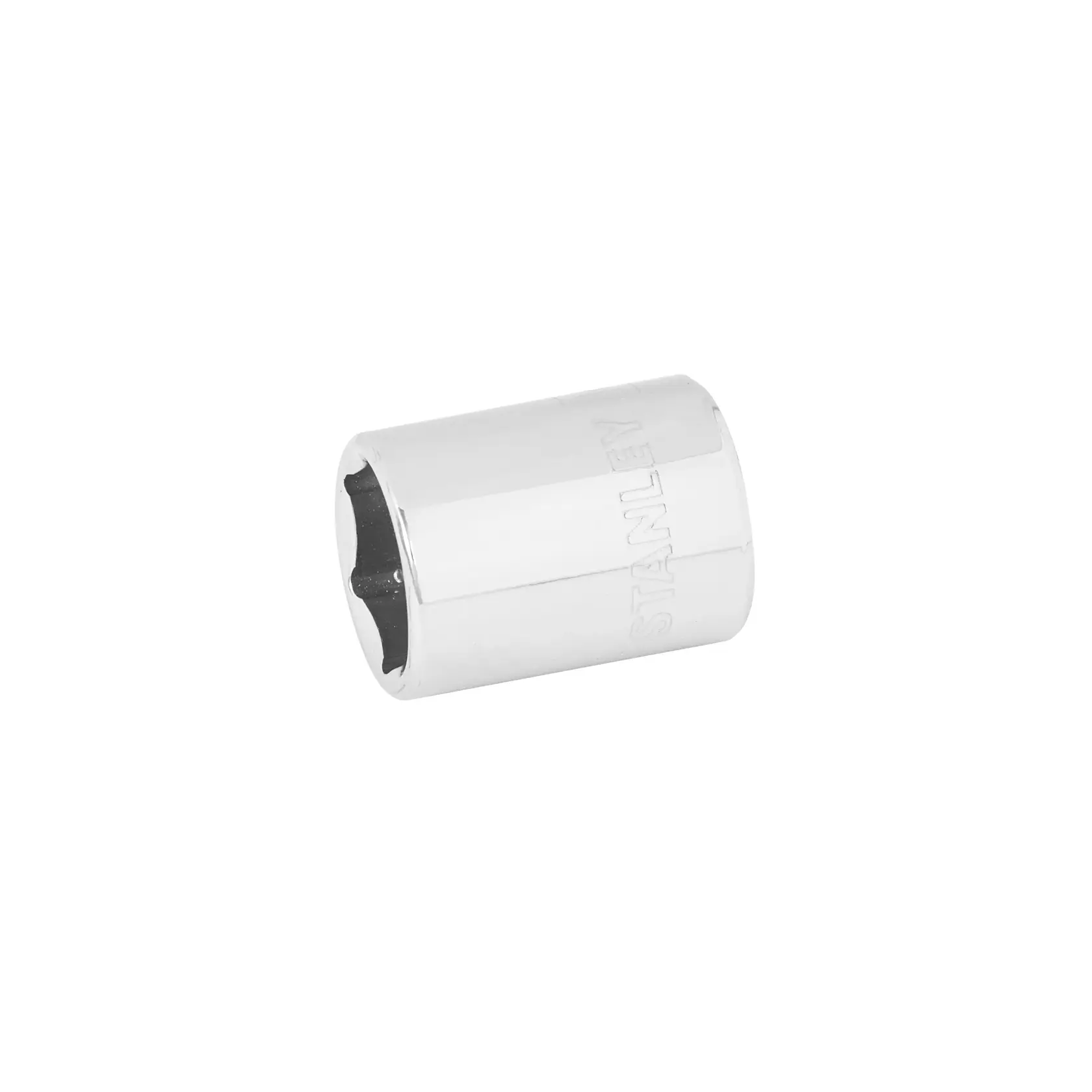 STANLEY 4-86-311 dado cromado, interior hexagonal, herramienta manual, vista lateral en fondo blanco.