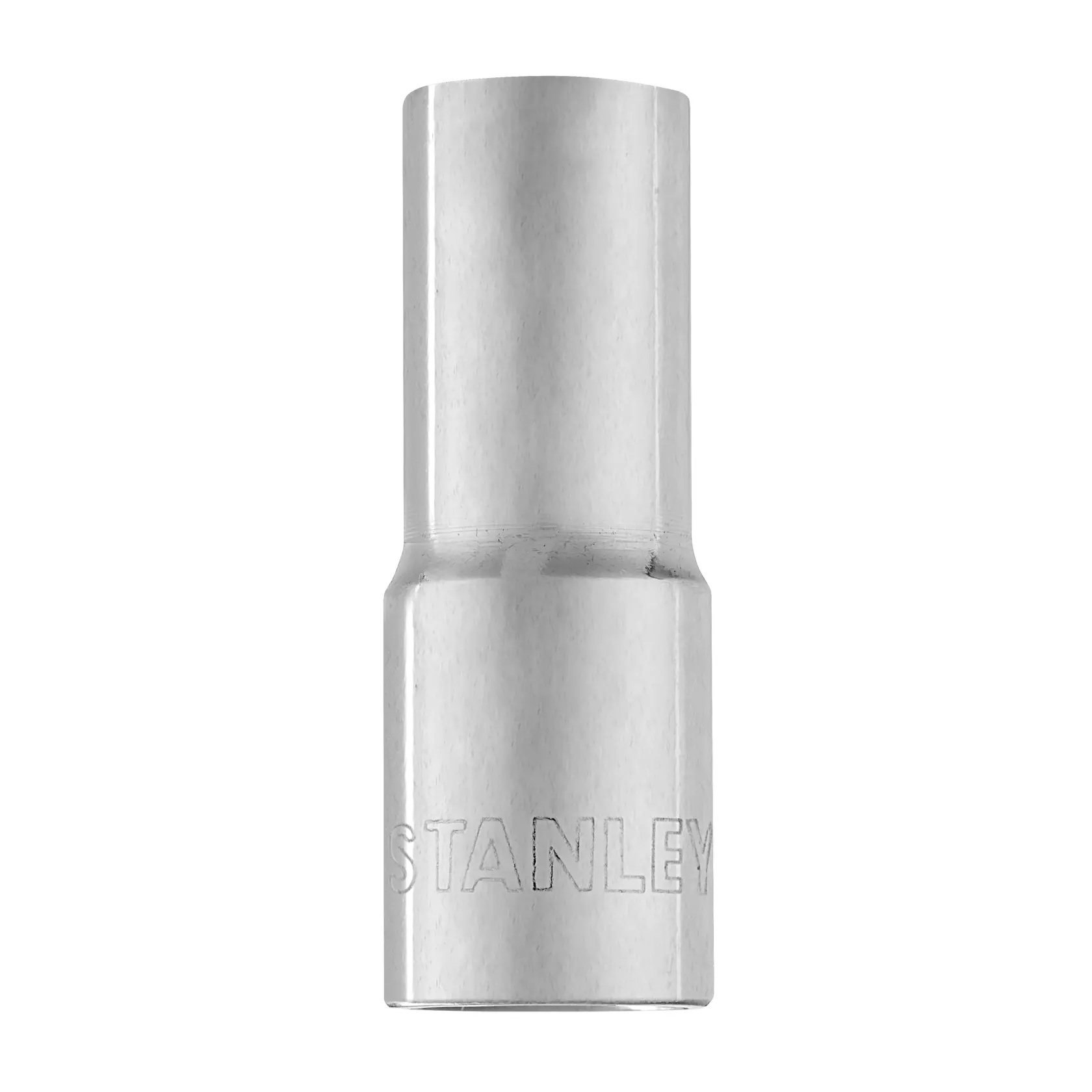STANLEY 4-86-322 herramienta de dado profundo cromado, forma cilíndrica, vista frontal, fondo blanco.