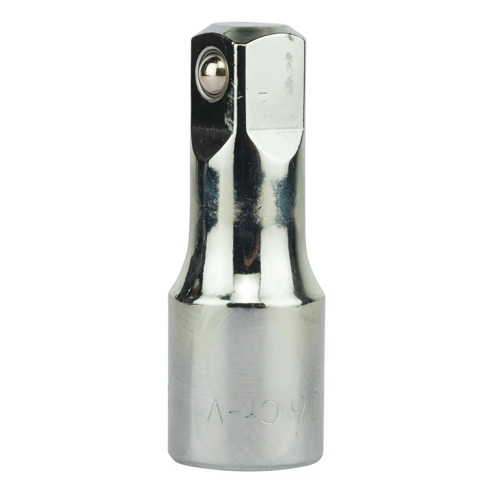 Adaptador de dado cromado STANLEY 4-86-406, vista frontal de cerca, con encastre hexagonal y bola de retención.