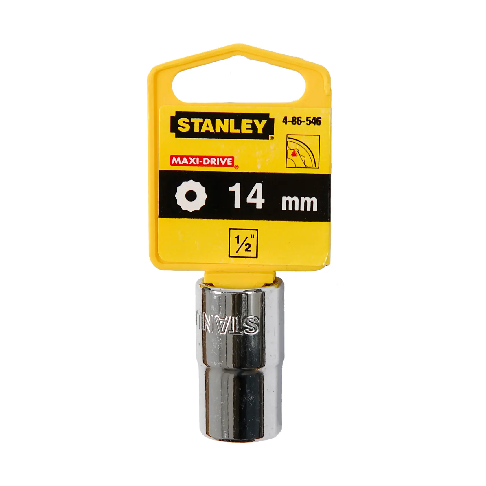 Fotografía del vaso cromado STANLEY 4-86-546 de 14mm con embalaje amarillo MAXI-DRIVE, vista frontal, fondo blanco.