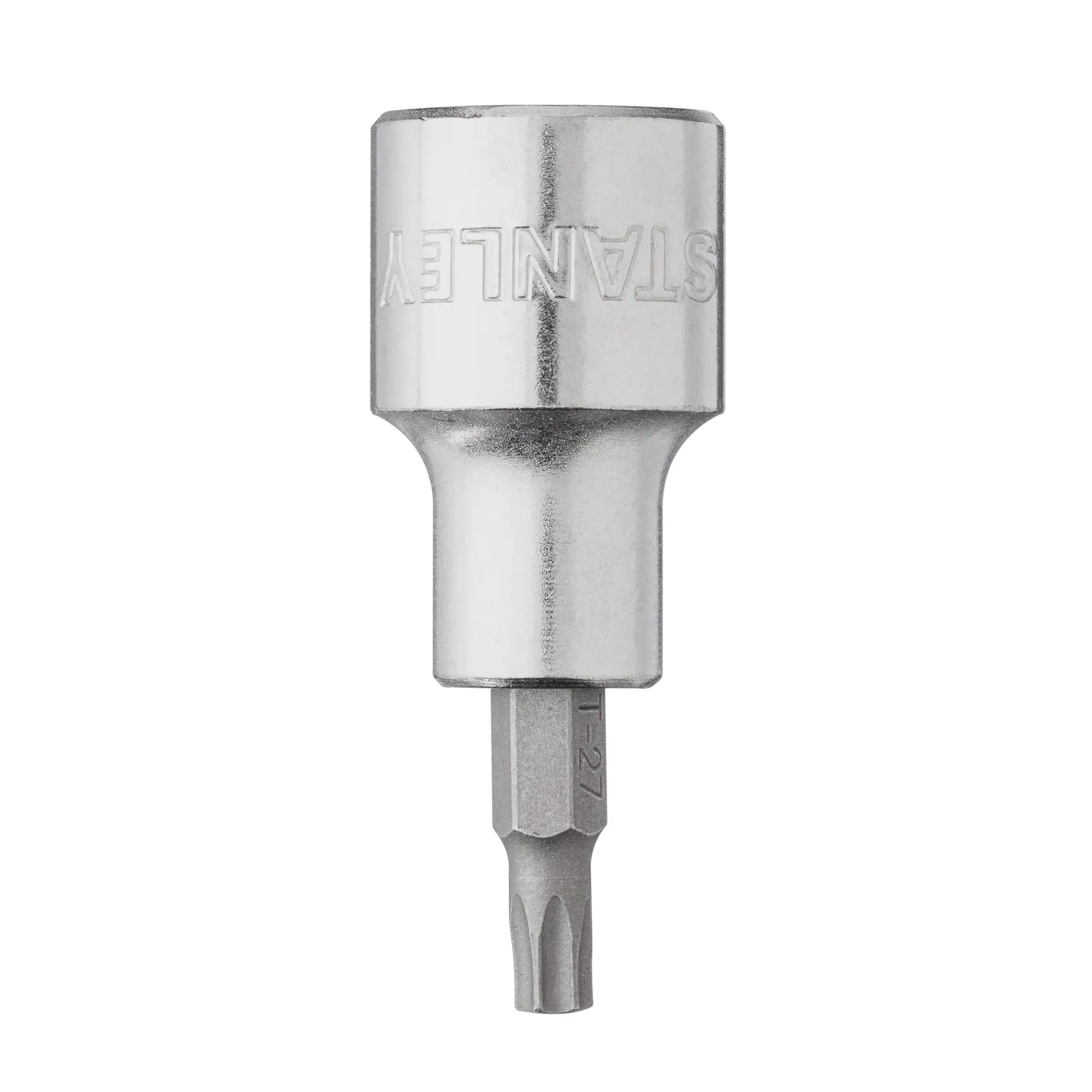 STANLEY 4-89-217 dado punta Torx cromado, ángulo frontal sobre fondo blanco, accesorio de herramienta.
