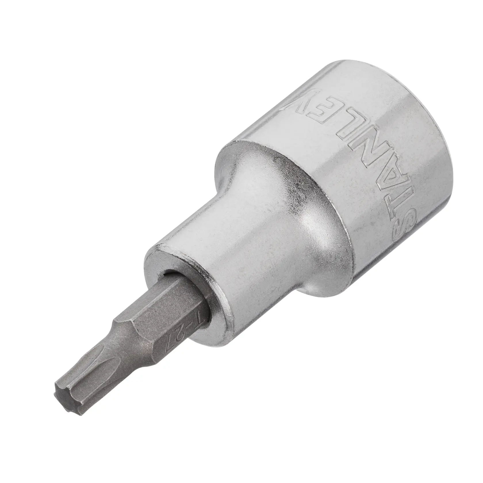 STANLEY 4-89-217 punta de vaso Torx cromada, fotografía en ángulo sobre fondo blanco, accesorio de herramienta manual.