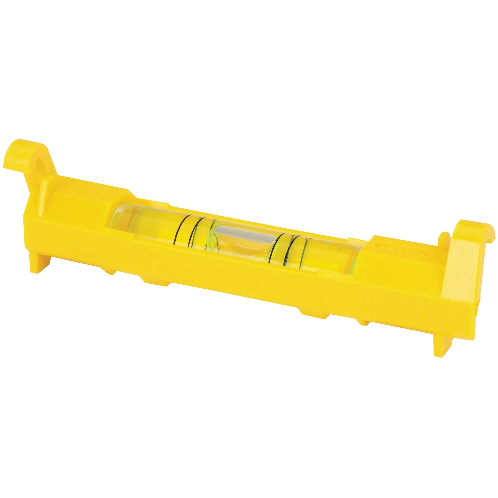 STANLEY 42-193 nivel de línea amarillo con burbuja, ángulo lateral sobre fondo blanco.