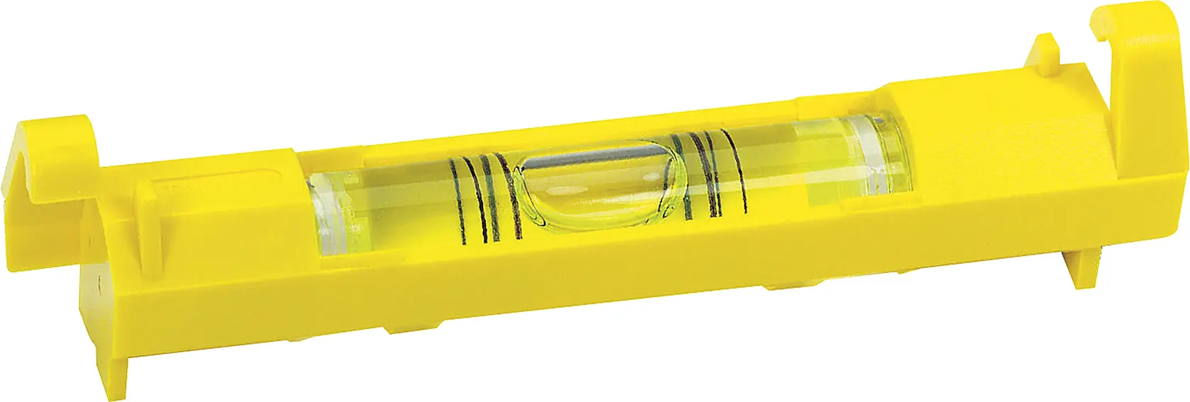 STANLEY 42-193 nivel de línea amarillo, cuerpo rectangular de plástico con burbuja, ángulo lateral sobre fondo blanco.