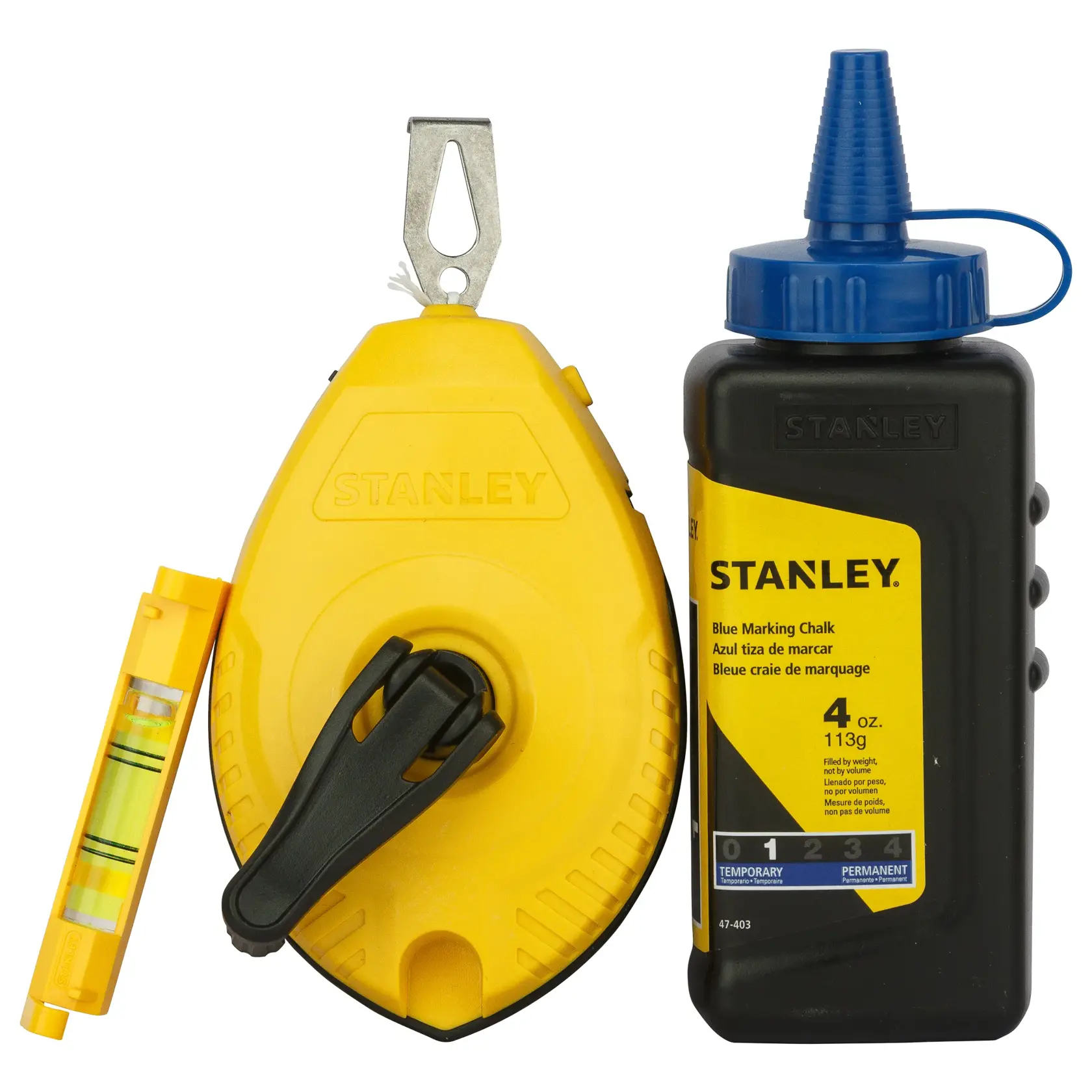 Kit STANLEY 47-443 con carrete de tiza amarillo, nivel y botella de tiza azul para marcar, vista frontal.