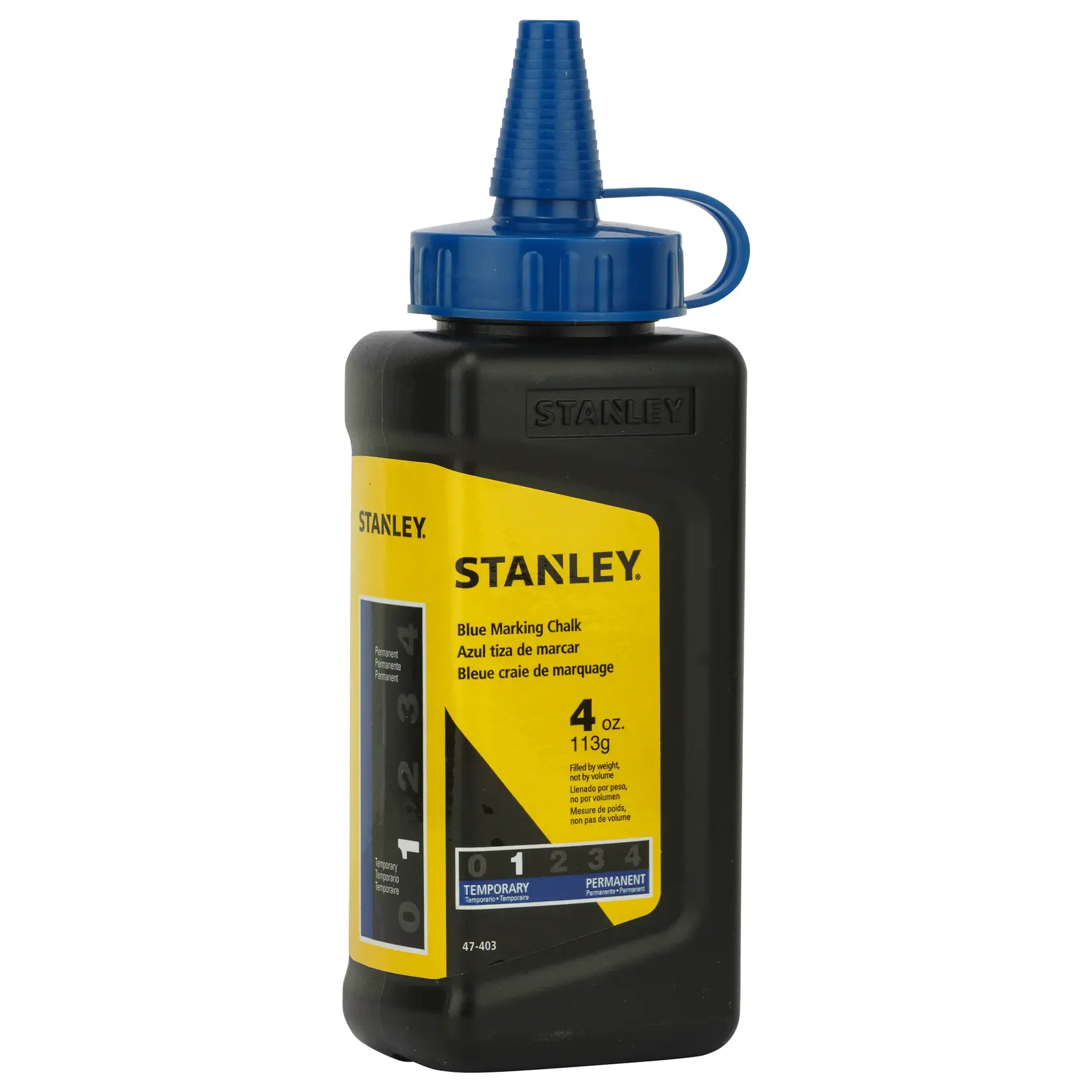 STANLEY 47-443 botella de tiza azul para marcar, 4 oz, etiqueta amarilla, vista frontal sobre fondo blanco.