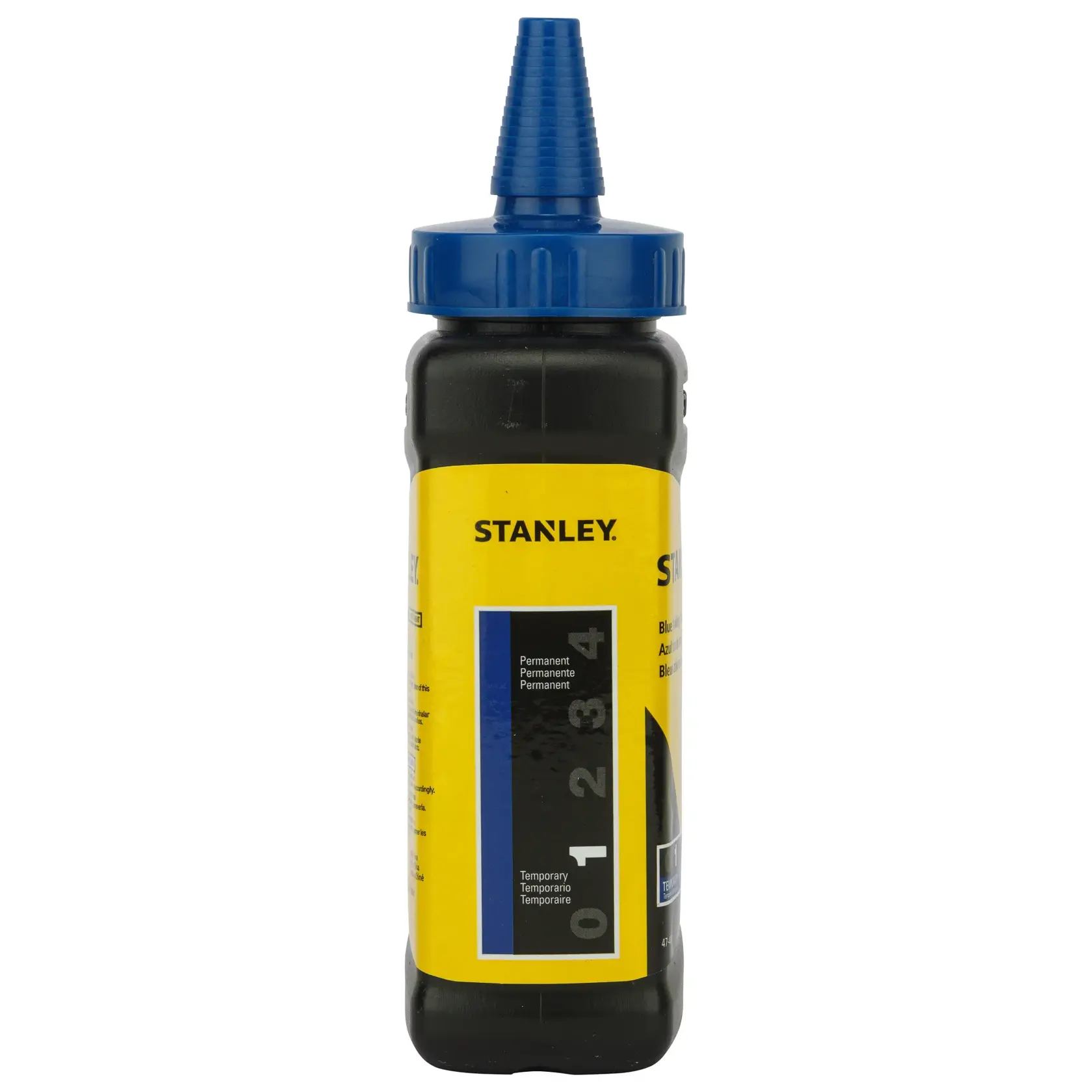 Botella de tiza STANLEY 47-443 con etiqueta amarilla y tapa azul, vista frontal sobre fondo blanco.