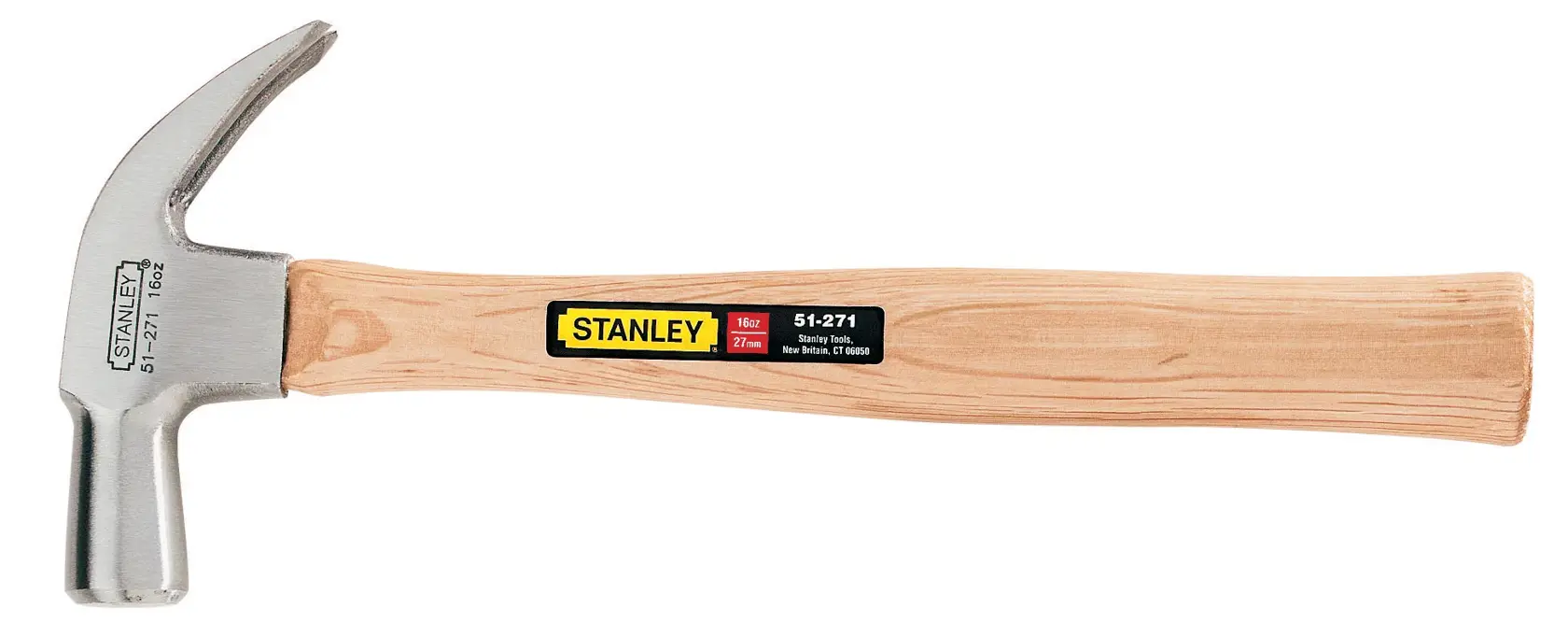 Stanley 51-274 martillo de uñas con mango de madera natural, vista lateral, fotografía de producto.