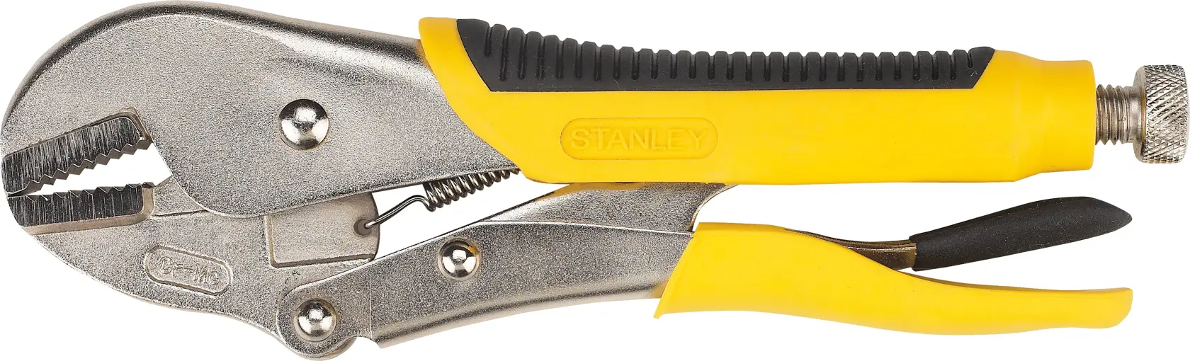 Stanley 84-379 alicates de bloqueo, mango amarillo y negro, vista lateral sobre fondo blanco.