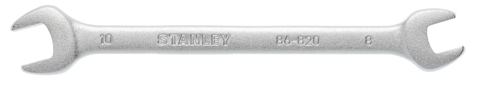 Llave de boca doble STANLEY 86-820, acabado plateado, tamaños 10 y 8mm, fotografía del producto sobre fondo blanco.