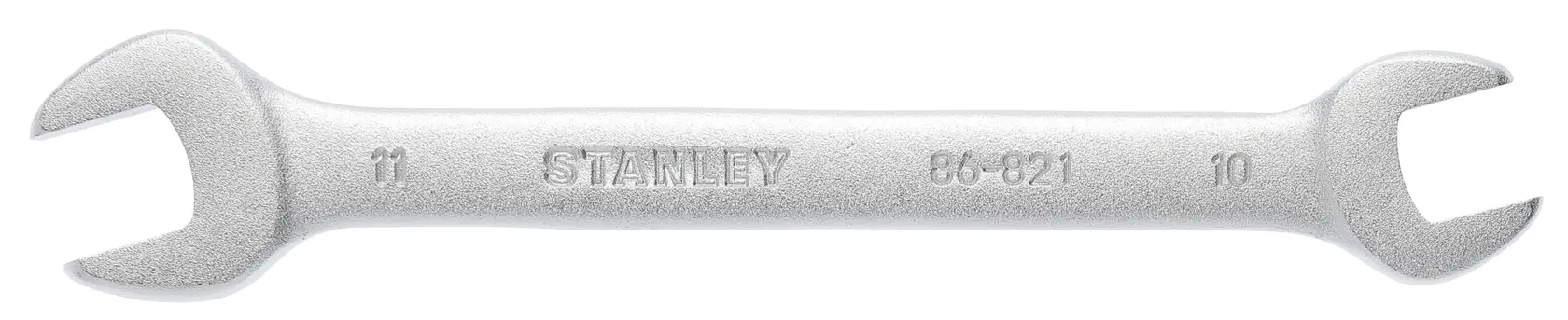 Llave de doble boca Stanley 86-821, metálica plateada, vista frontal, fotografía de herramienta manual.