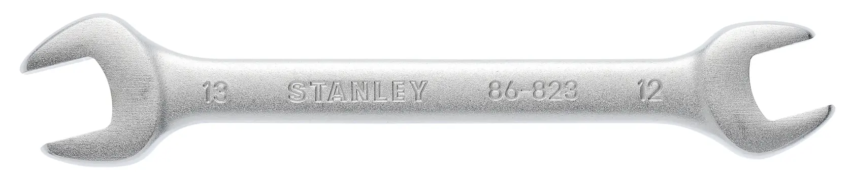 Llave de doble boca STANLEY 86-823, acabado plateado, tamaños 13mm y 12mm, vista superior sobre fondo blanco.