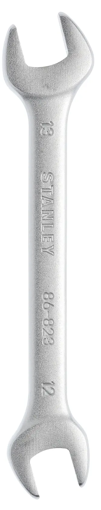 Llave de boca doble STANLEY 86-823 de acero plateado, tamaños 13mm y 12mm, ángulo frontal sobre fondo blanco.