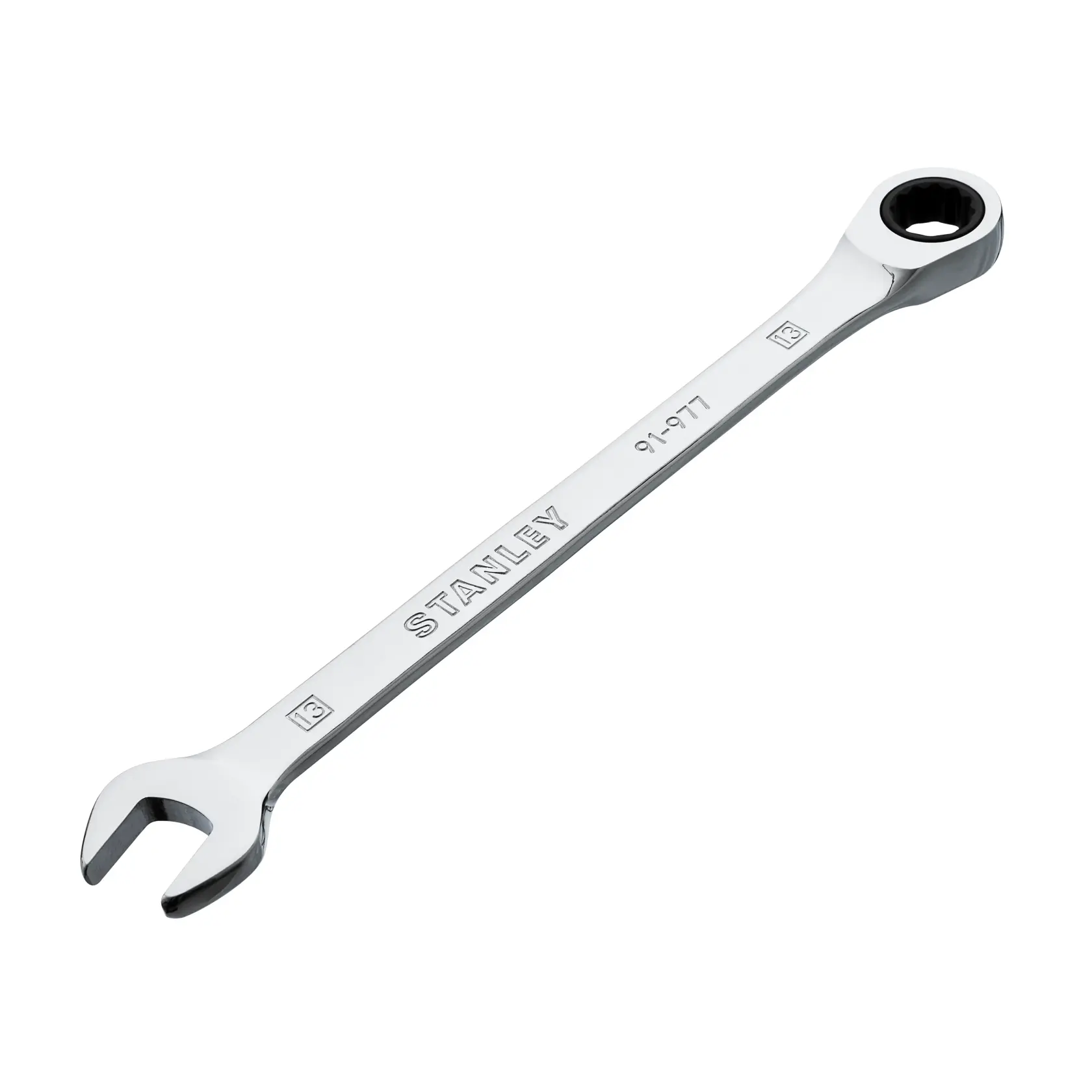 Llave combinada STANLEY 91-977, acabado cromado, fotografía sobre fondo blanco, categoría herramienta.