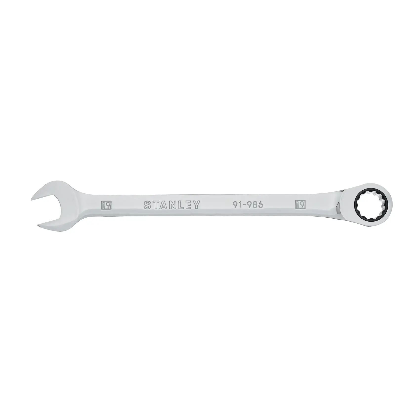 Llave combinada cromada STANLEY 91-986, vista superior sobre fondo blanco, extremos abierto y de estrella visibles.