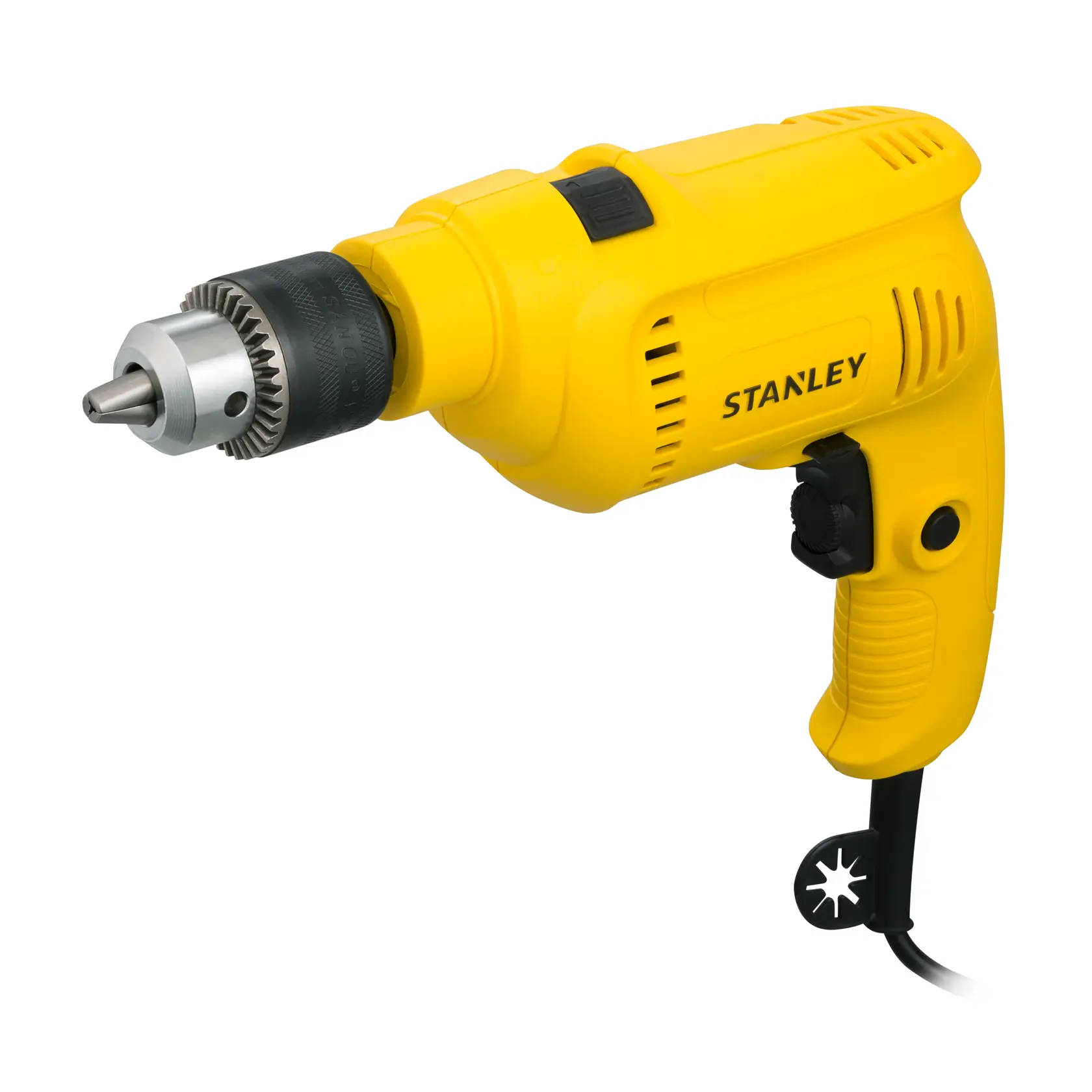 Taladro con cable amarillo STANLEY SDH600KP, vista lateral, mango ergonómico, logo visible de la marca.