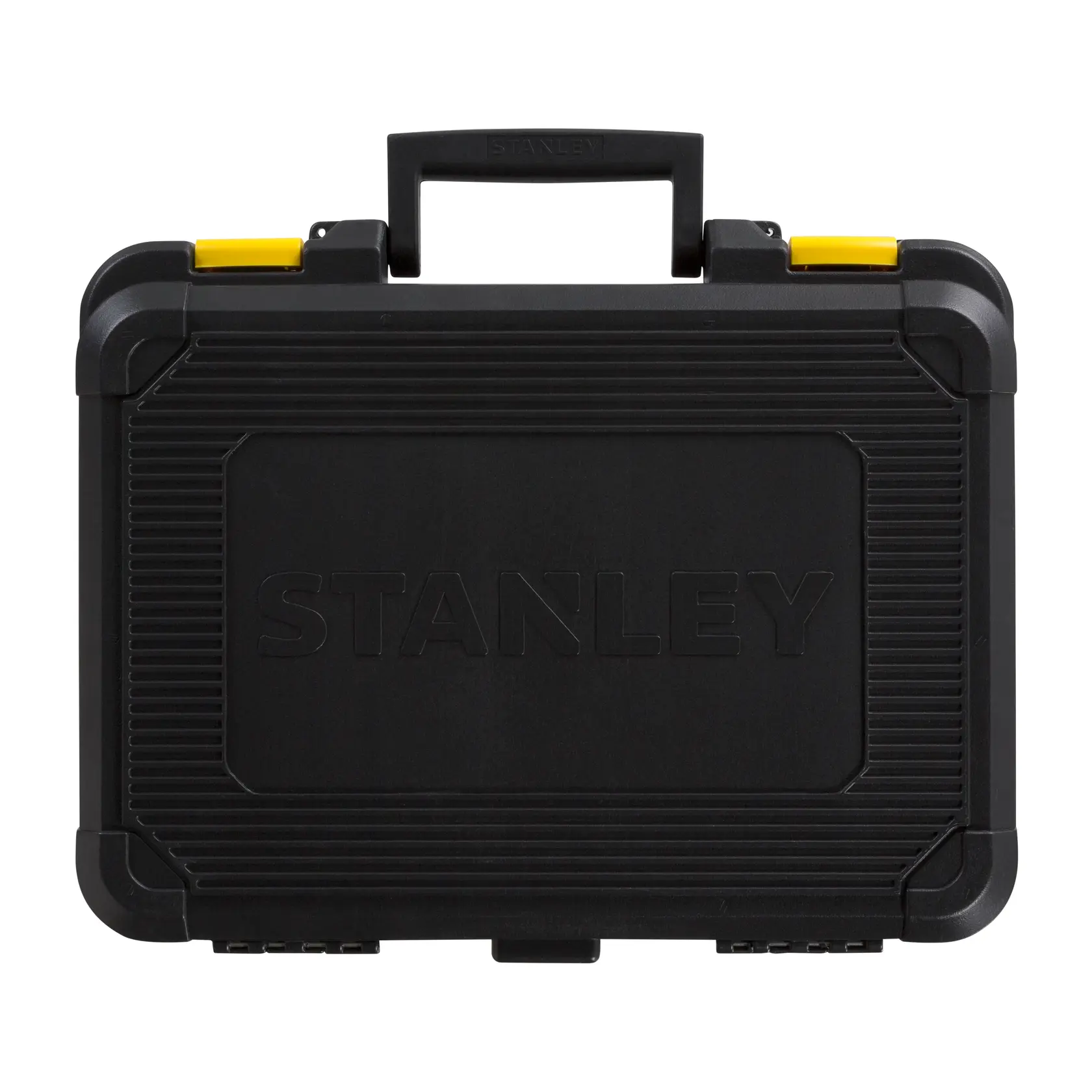 STANLEY SDH600KP maletín negro de plástico rígido con cierres amarillos, ángulo frontal.