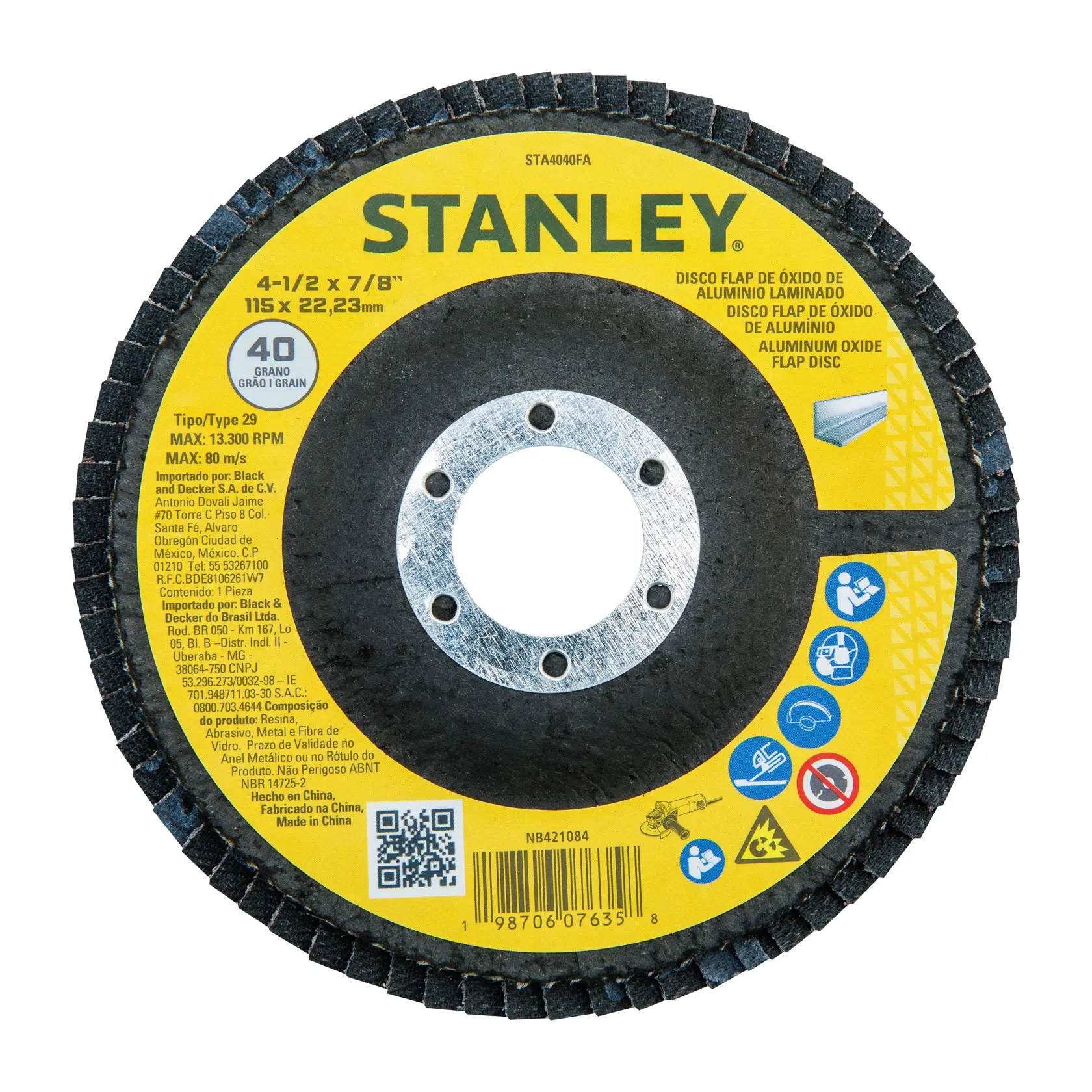 Disco flap de óxido de aluminio Stanley, modelo STA4040FA, con tamaño de 115 x 22,23 mm. El disco tiene un diseño amarillo y negro con iconos de seguridad e información técnica impresa en la etiqueta.