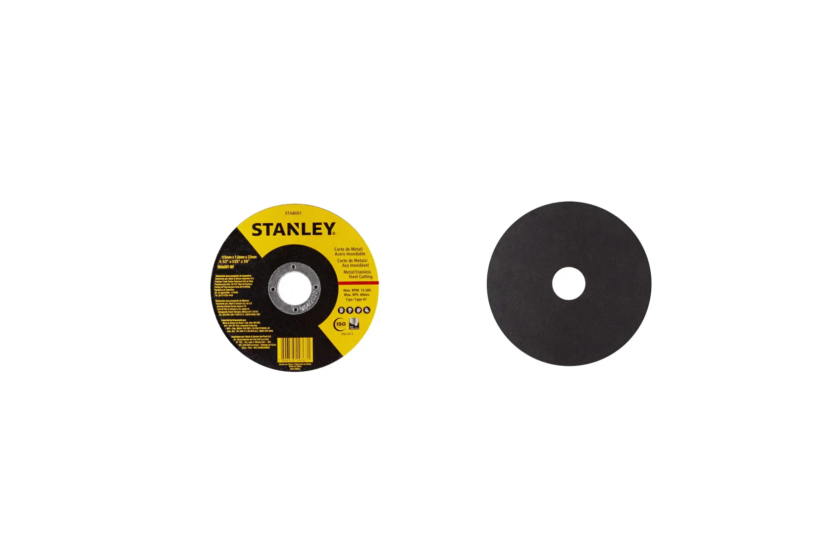 Fotografía del disco abrasivo STANLEY STA8061, vista frontal y posterior, negro con etiqueta amarilla, fondo blanco.