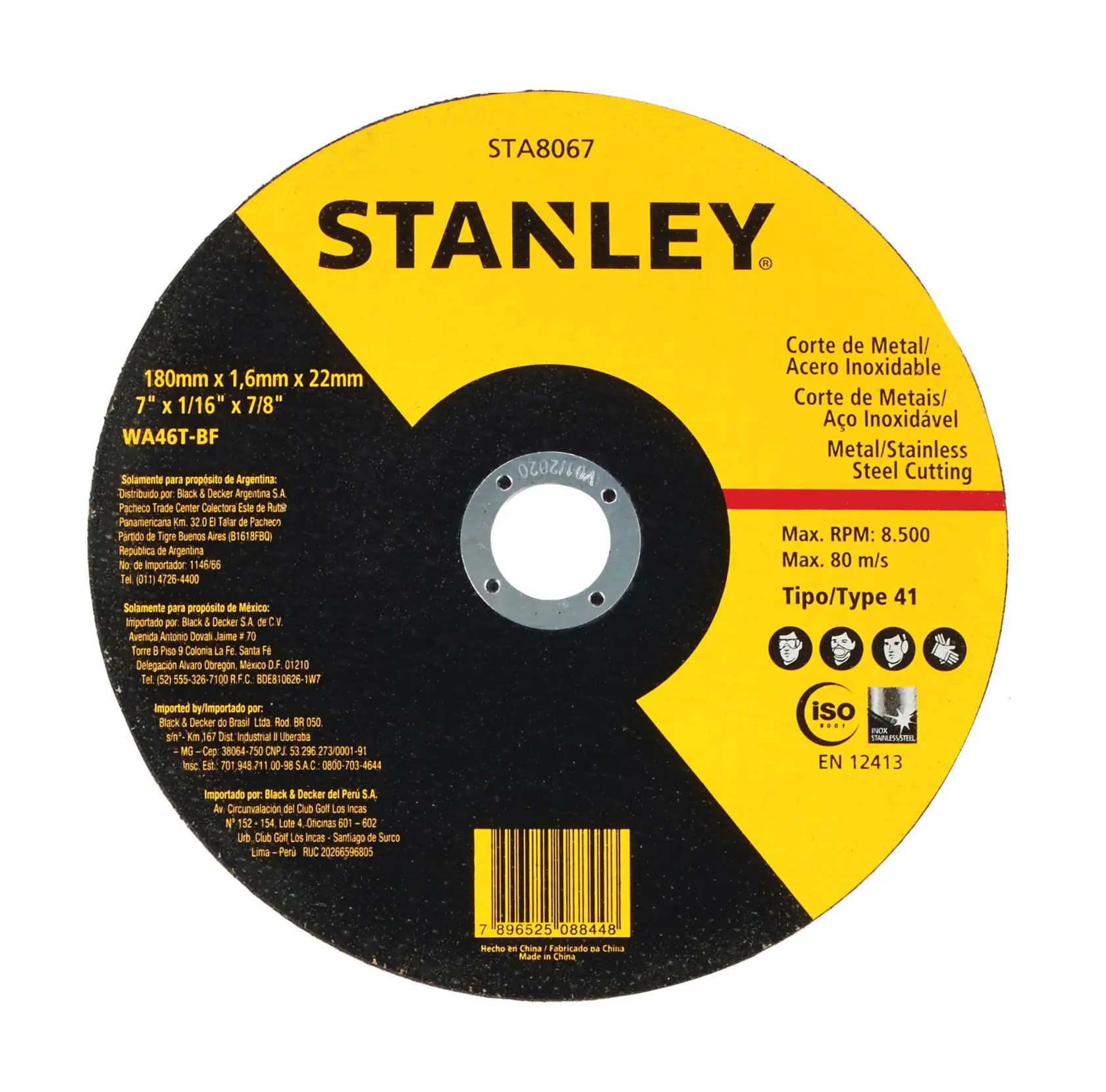 STANLEY STA8067 disco de corte para metal/acero inoxidable, 180mm, fotografía del producto en fondo blanco.