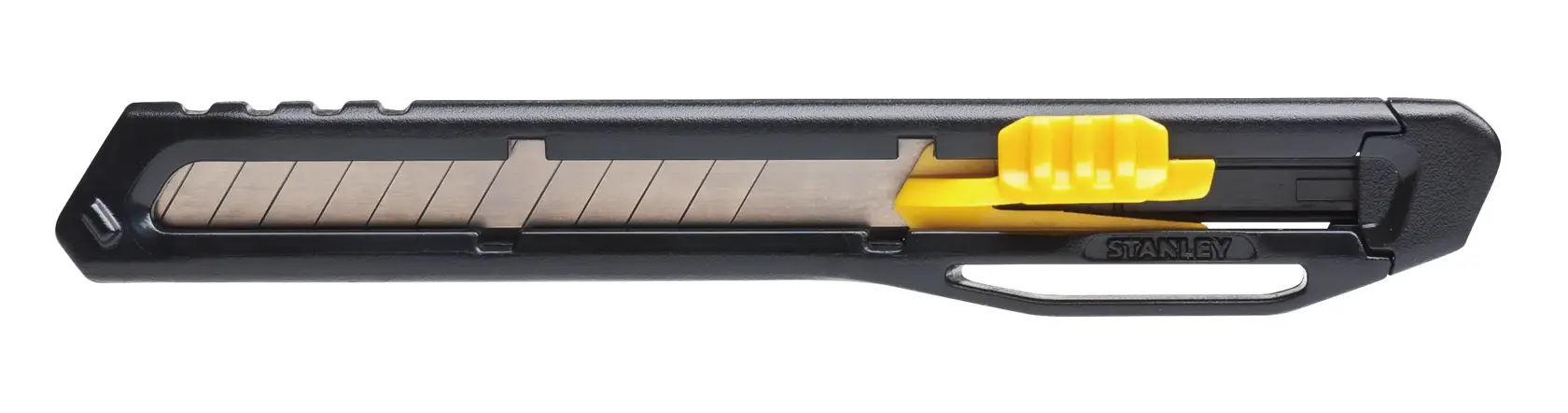 Stanley STHT10322-840 cuchillo de uso general con cuerpo negro, hoja segmentada y deslizador amarillo, foto lateral.