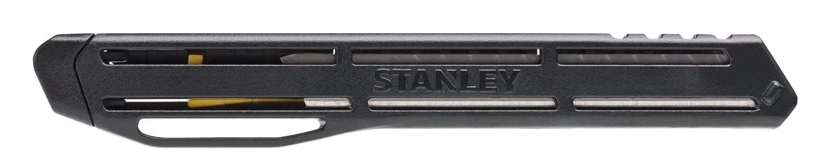 Fotografía del cuchillo utilitario STANLEY STHT10322-840, negro y plateado, lateral, diseño ventilado.
