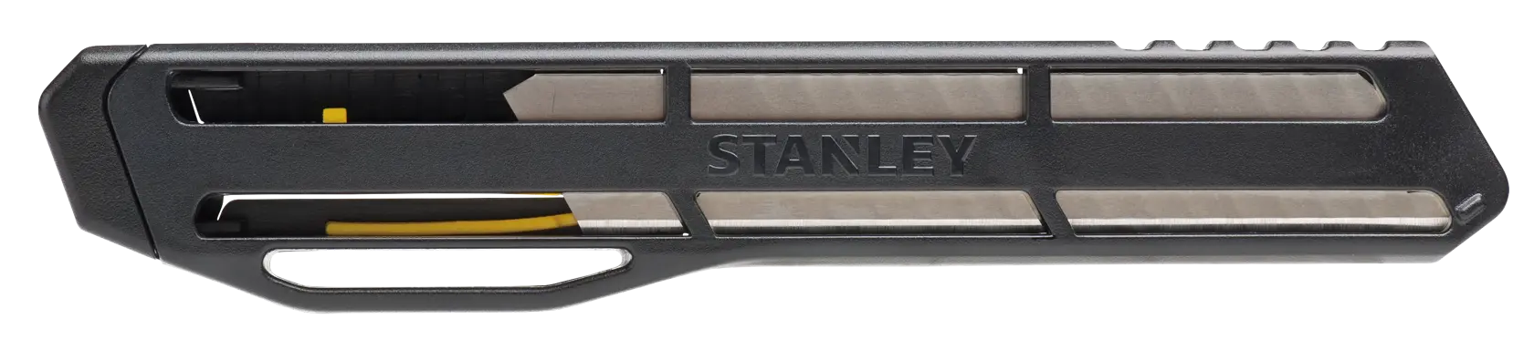 Foto del cuchillo utilitario STANLEY STHT10323-840, negro y plateado, vista lateral con hoja retráctil.