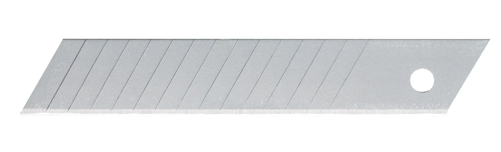 Cuchilla de repuesto STANLEY STHT11147 para cuchillo de uso general, plateada, vista lateral, líneas de segmento y orificio.