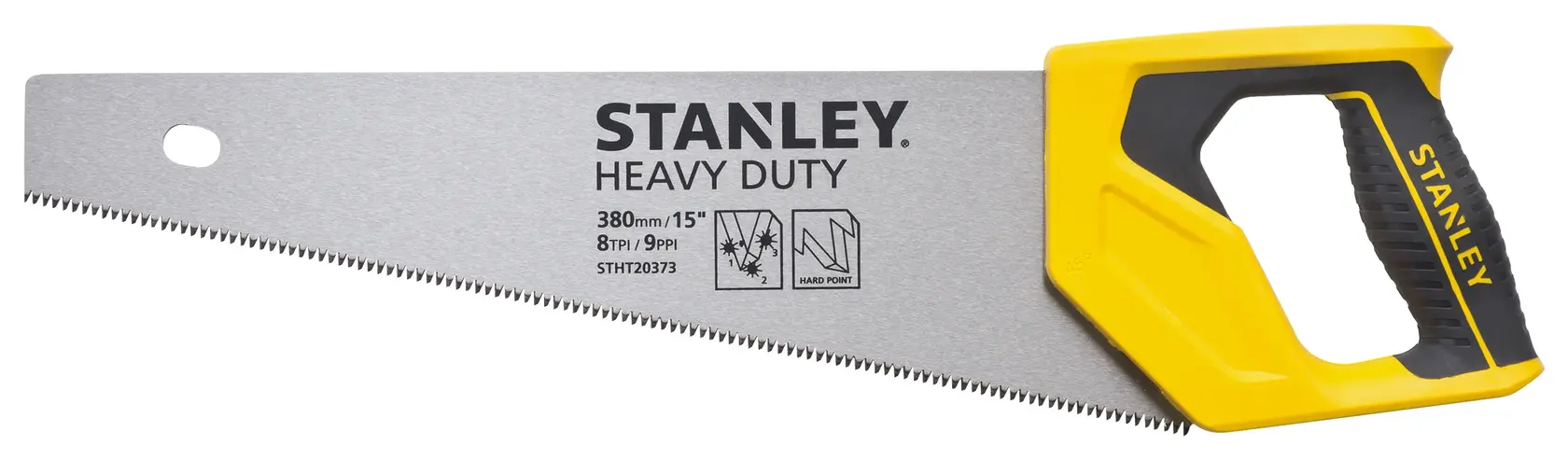 STANLEY STHT20373-LA sierra manual con mango ergonómico amarillo y negro, hoja plateada, vista lateral, fondo blanco.