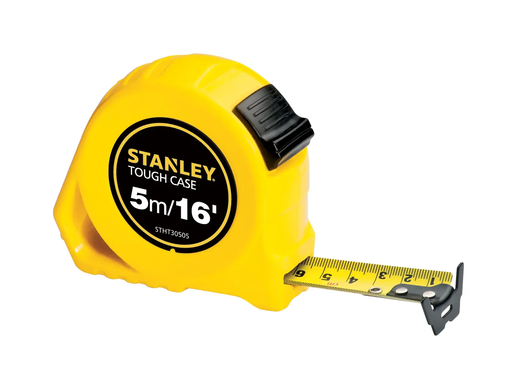 STANLEY STHT30505-840 cinta métrica amarilla, 5m/16ft, fotografía, ángulo frontal sobre fondo blanco.