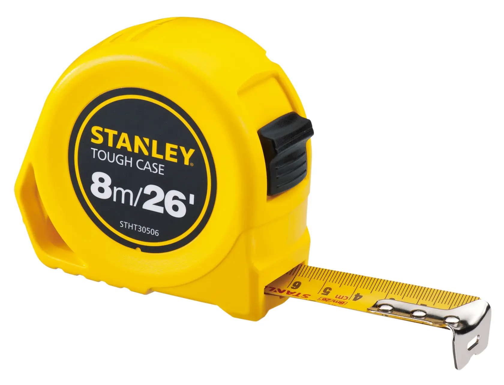STANLEY STHT30506-840 cinta métrica amarilla, carcasa resistente, 8m/26ft, ángulo frontal sobre fondo blanco.