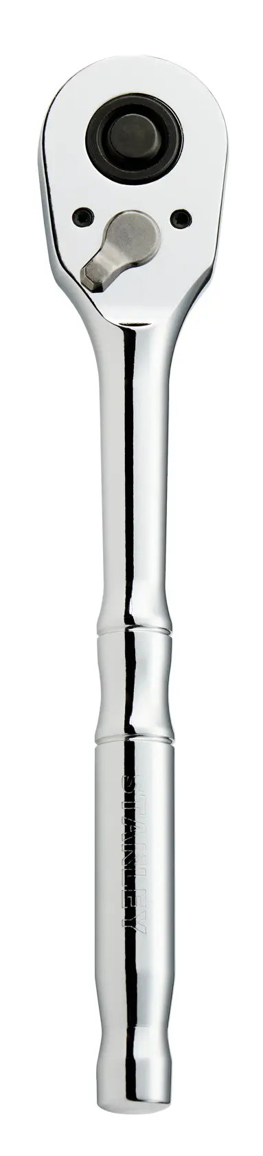 Llave de carraca cromada STANLEY STMT17988-LA, vista frontal, con mango contorneado y botón de liberación rápida.