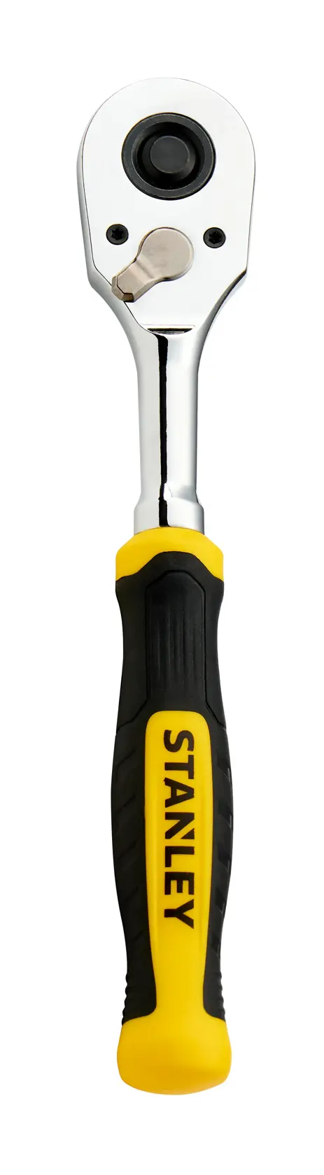 Llave de carraca STANLEY STMT17991-LA con mango negro y amarillo, vista superior sobre fondo blanco.