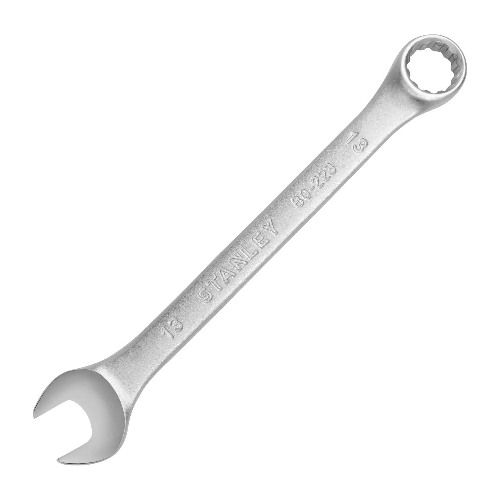Llave combinada STANLEY STMT80223-840, herramienta de mano plateada, vista superior en ángulo sobre fondo blanco.