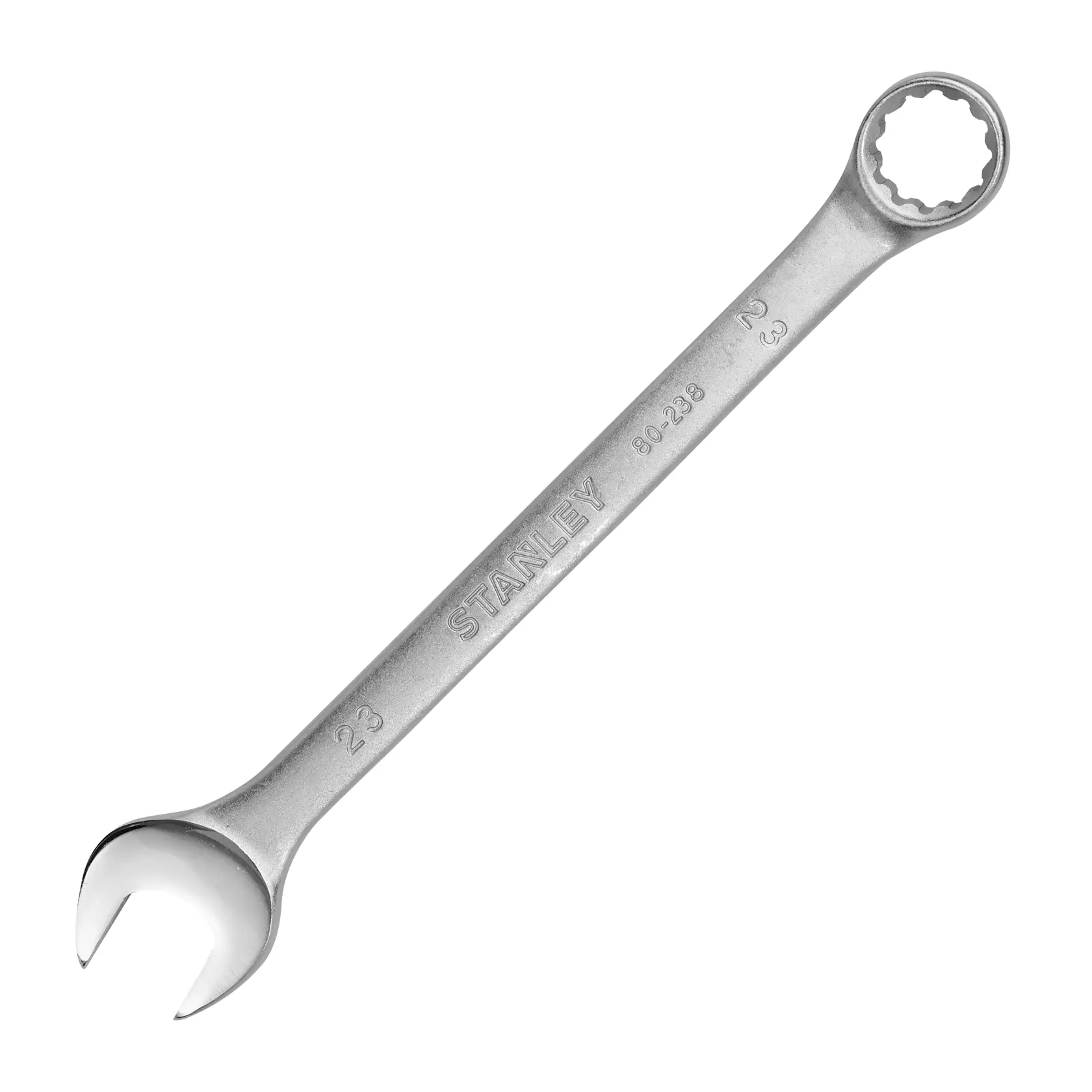 STANLEY STMT80238-840 llave combinada plateada, ángulo frontal, aislada sobre fondo blanco.