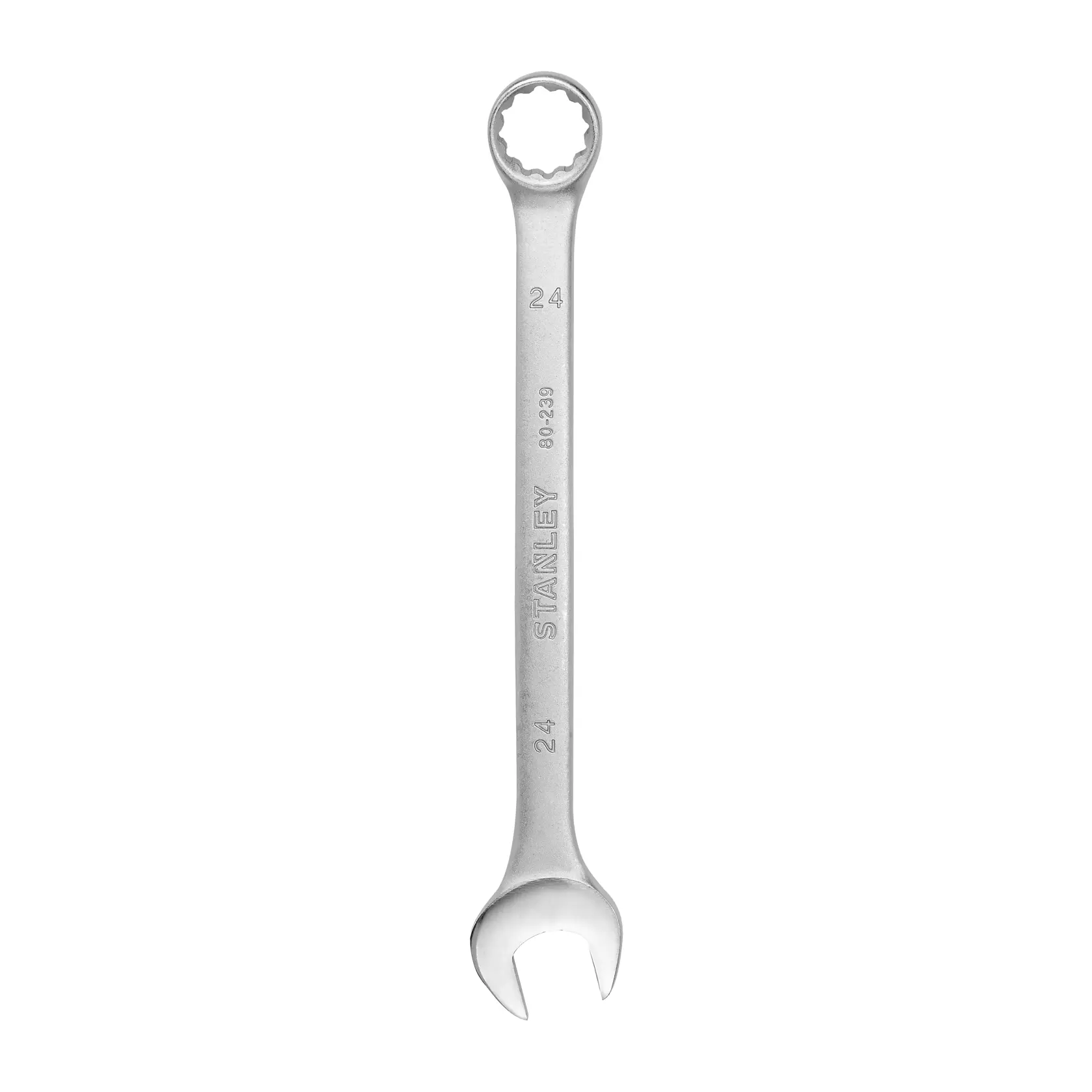 Fotografía de la llave combinada STANLEY STMT80239-840 con boca abierta y estrella, acabado plateado, ángulo frontal, herramienta manual.