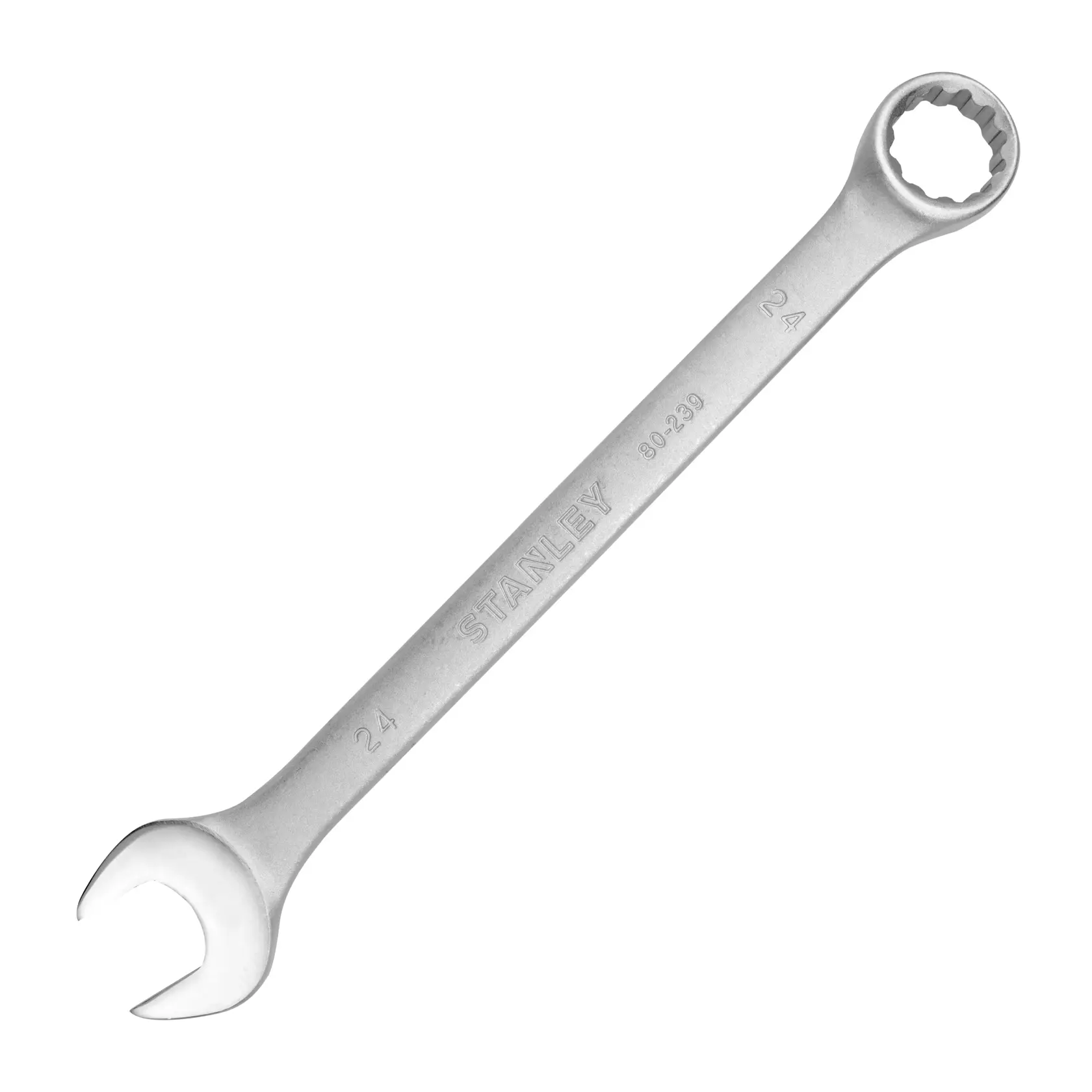Llave combinada STANLEY STMT80239-840, acero plateado, extremo abierto y anillo estriado, ángulo de producto sobre fondo blanco.